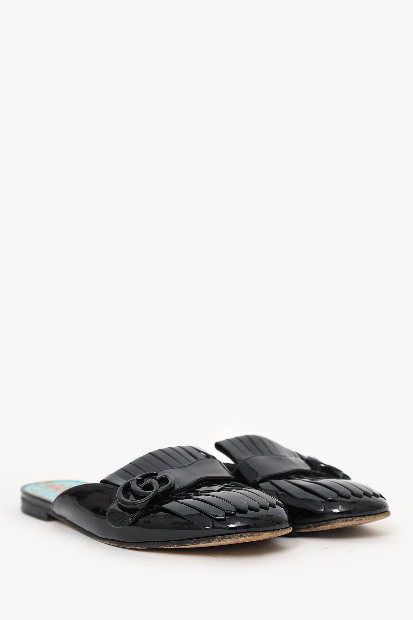 Gucci Black Patent Leather Fringe 'GG' Mule Loafers Size 39
