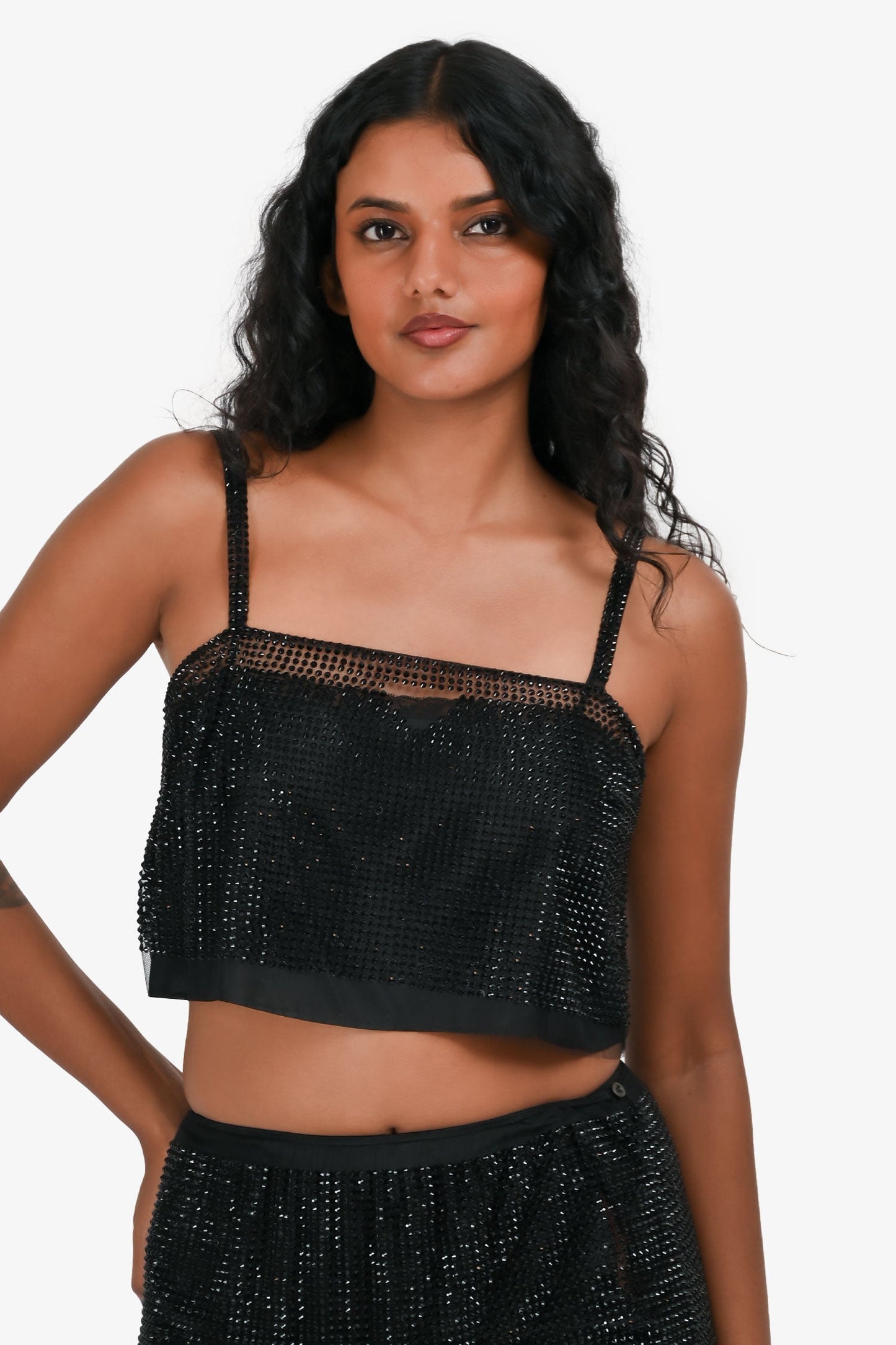 Prada Black Crystal Mesh Skirt with Slips Size 38