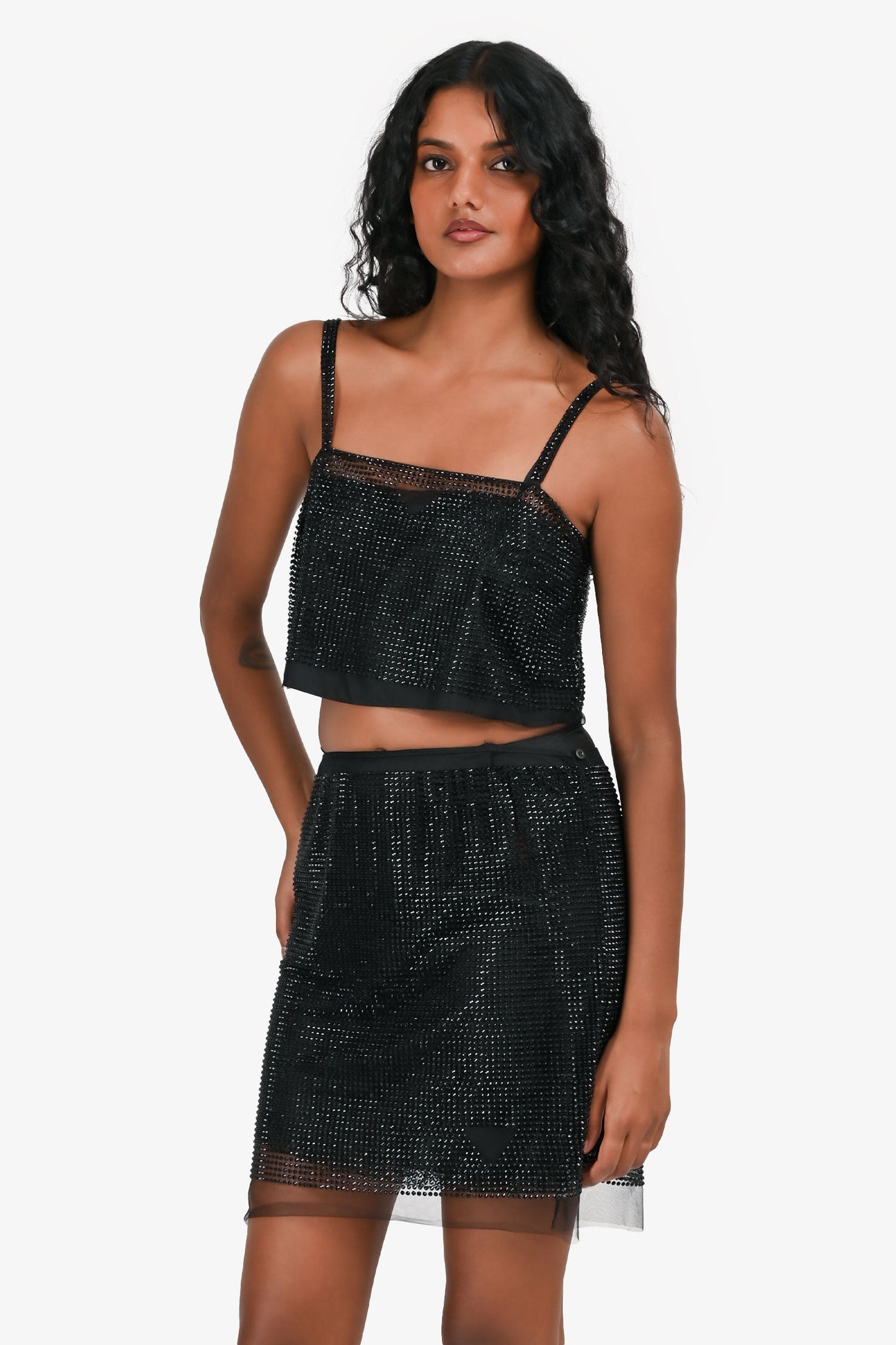Prada Black Crystal Mesh Skirt with Slips Size 38