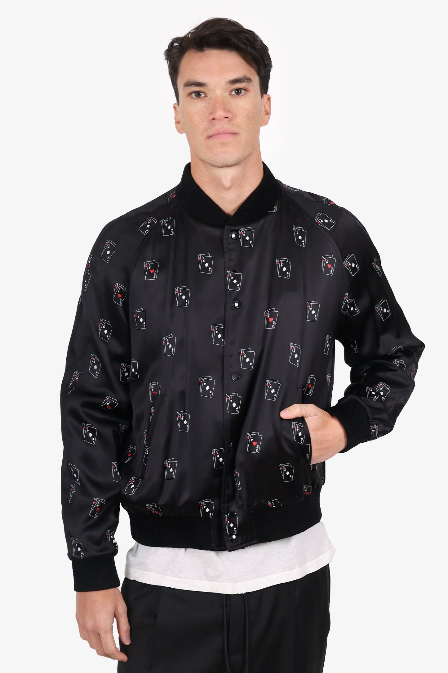 Saint Laurent Black Silk Card Bomber Jacket Size 52 Mens