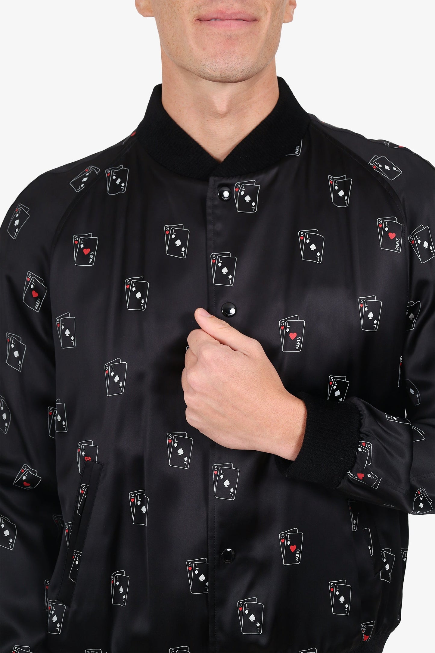 Saint Laurent Black Silk Card Bomber Jacket Size 52 Mens