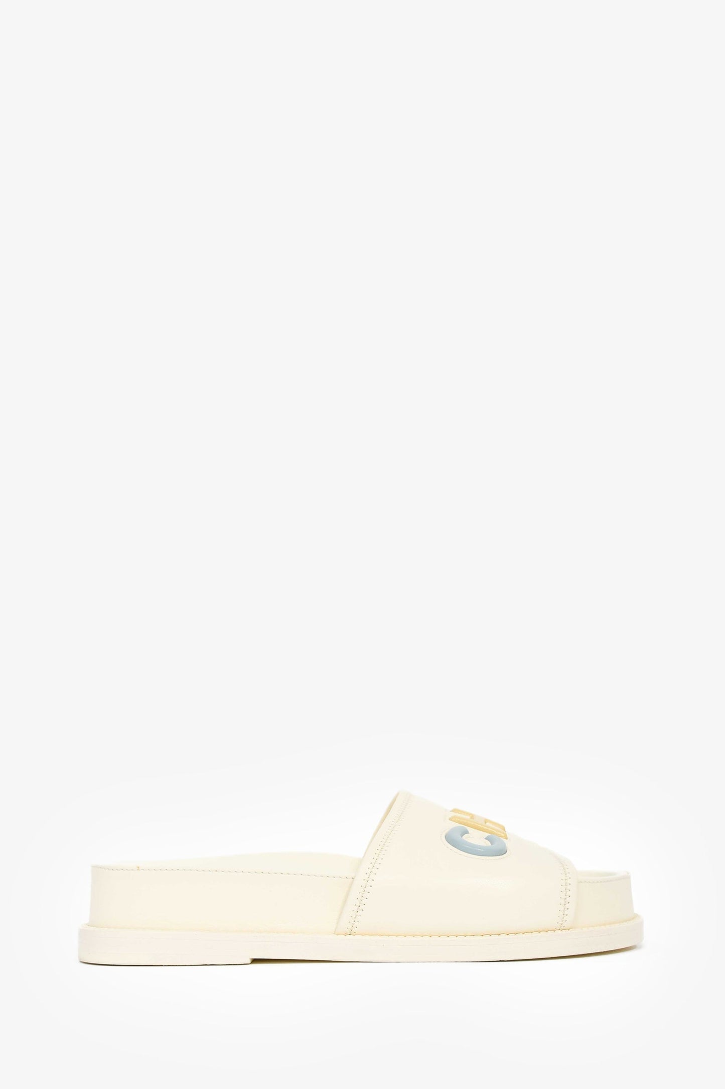 Pre-Loved Chanel™ 2022 Cream Leather Pastel 'CHANEL' Slides Size 38