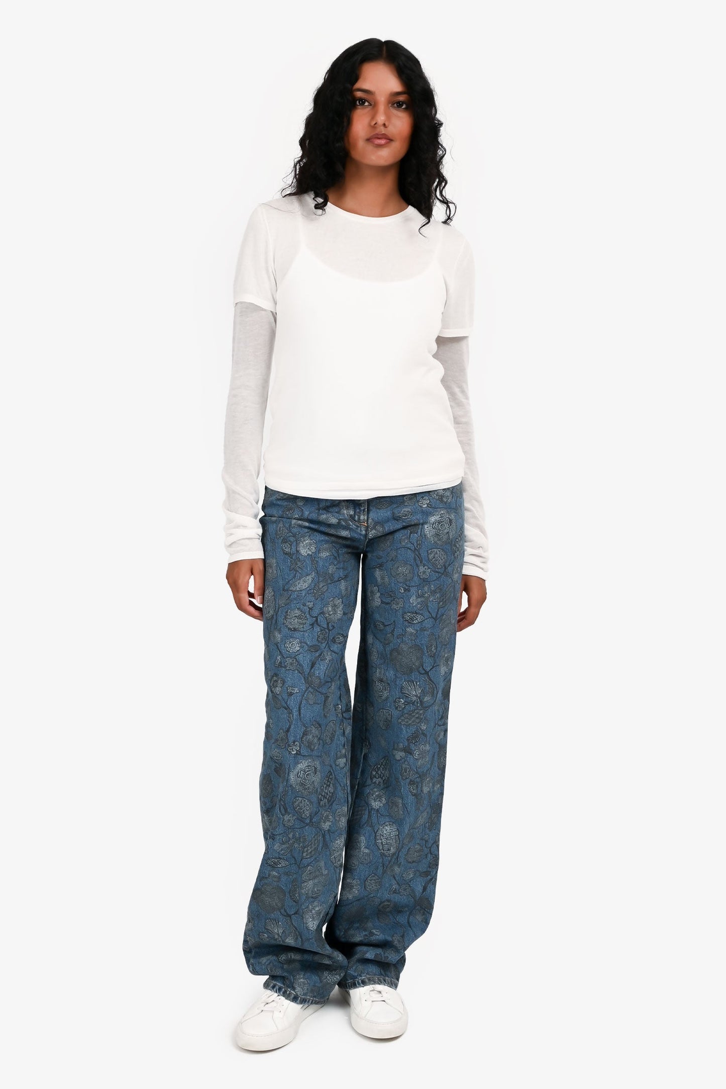 Pre-Loved Chanel™ 2021 Blue Mid Wash Floral Denim Straight Leg Jeans Size 34