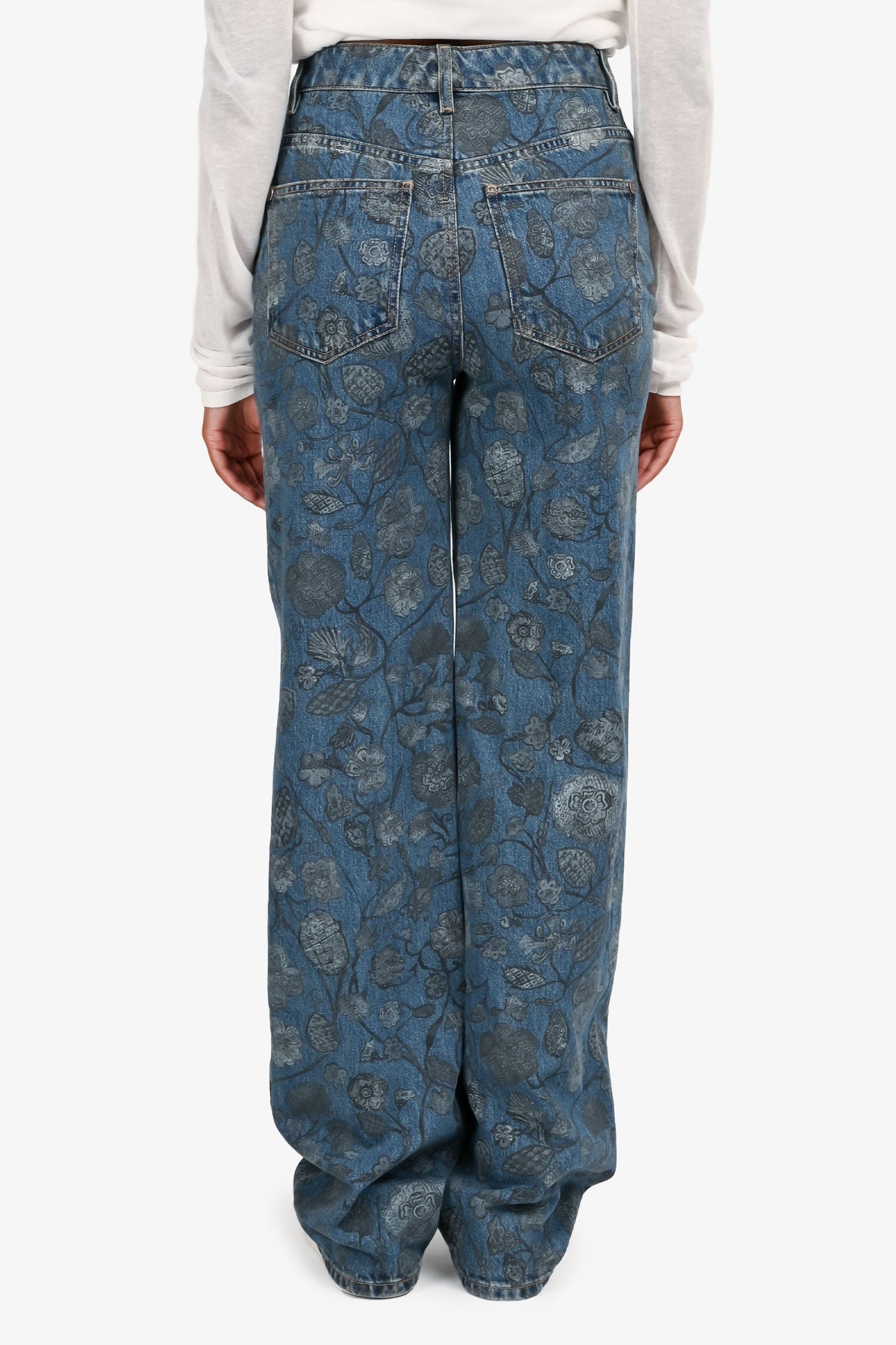 Pre-Loved Chanel™ 2021 Blue Mid Wash Floral Denim Straight Leg Jeans Size 34