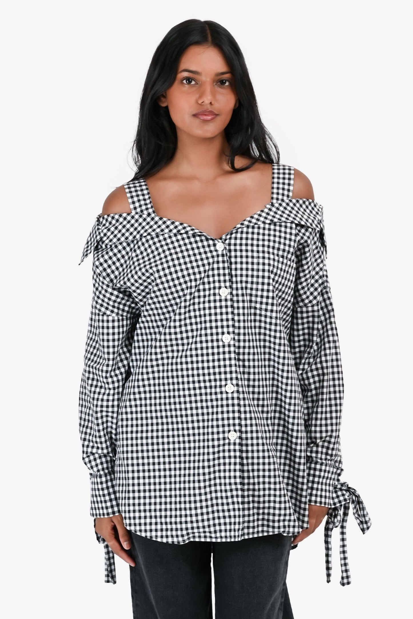 Prada 2018 Black & White Gingham Off The Shoulder Shirt Size 36