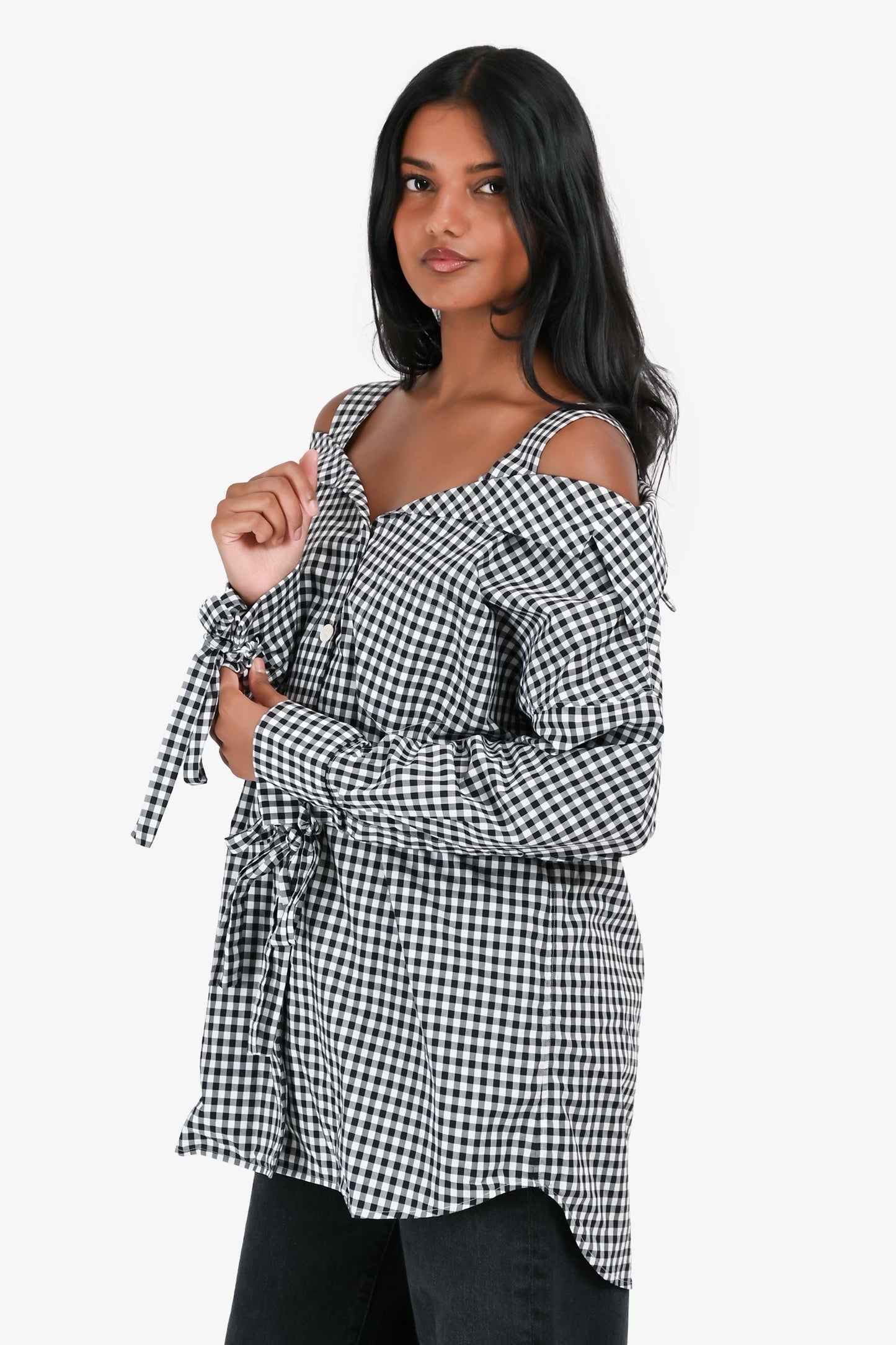 Prada 2018 Black & White Gingham Off The Shoulder Shirt Size 36