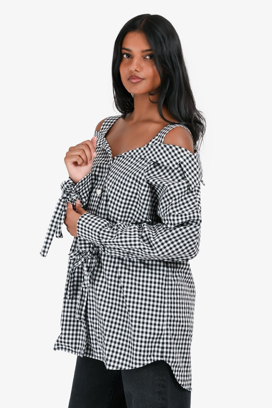 Prada 2018 Black & White Gingham Off The Shoulder Shirt Size 36
