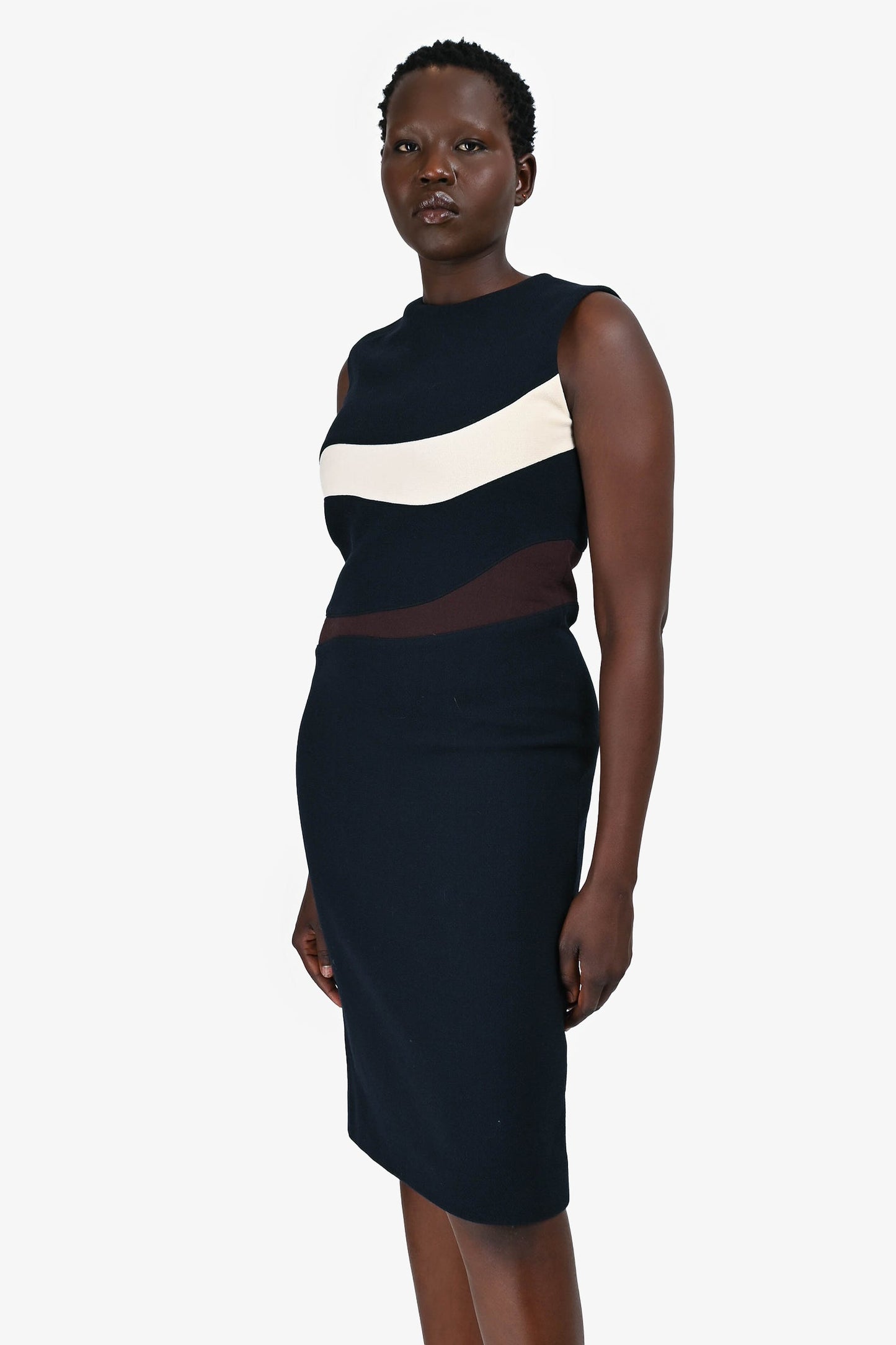 Christian Dior Navy Wool White/Brown Stripe Sleeveless Midi Dress Size 8