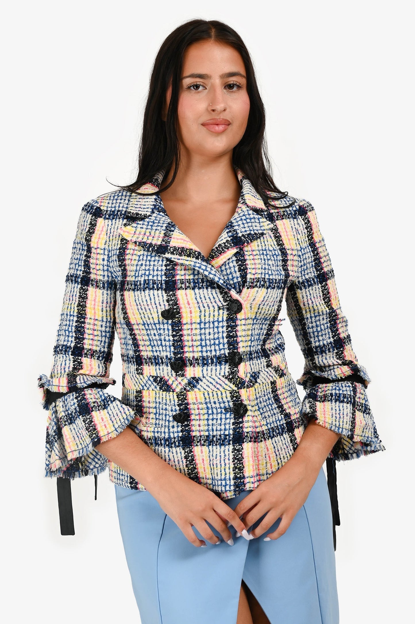 Pre-Loved Chanel™ 2009 Blue Wool Blend Tweed Blazer with Tie Sleeve Cuff Size 40