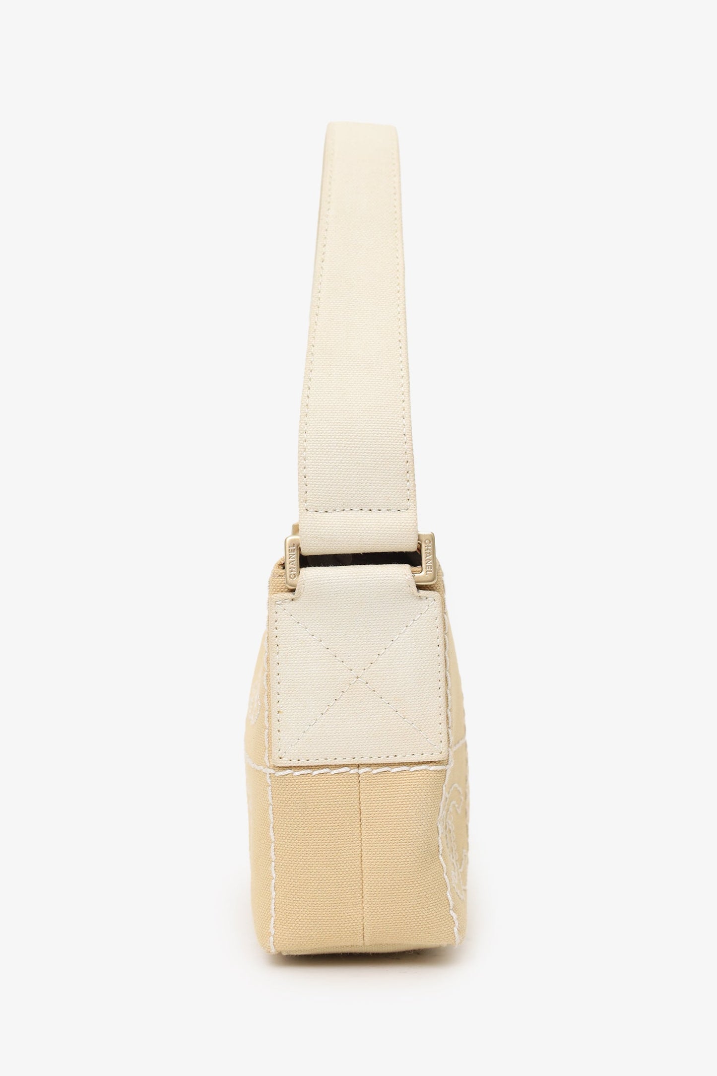 Pre-Loved Chanel™ 2003-04 Beige Canvas Chocolate Bar Mini Pochette