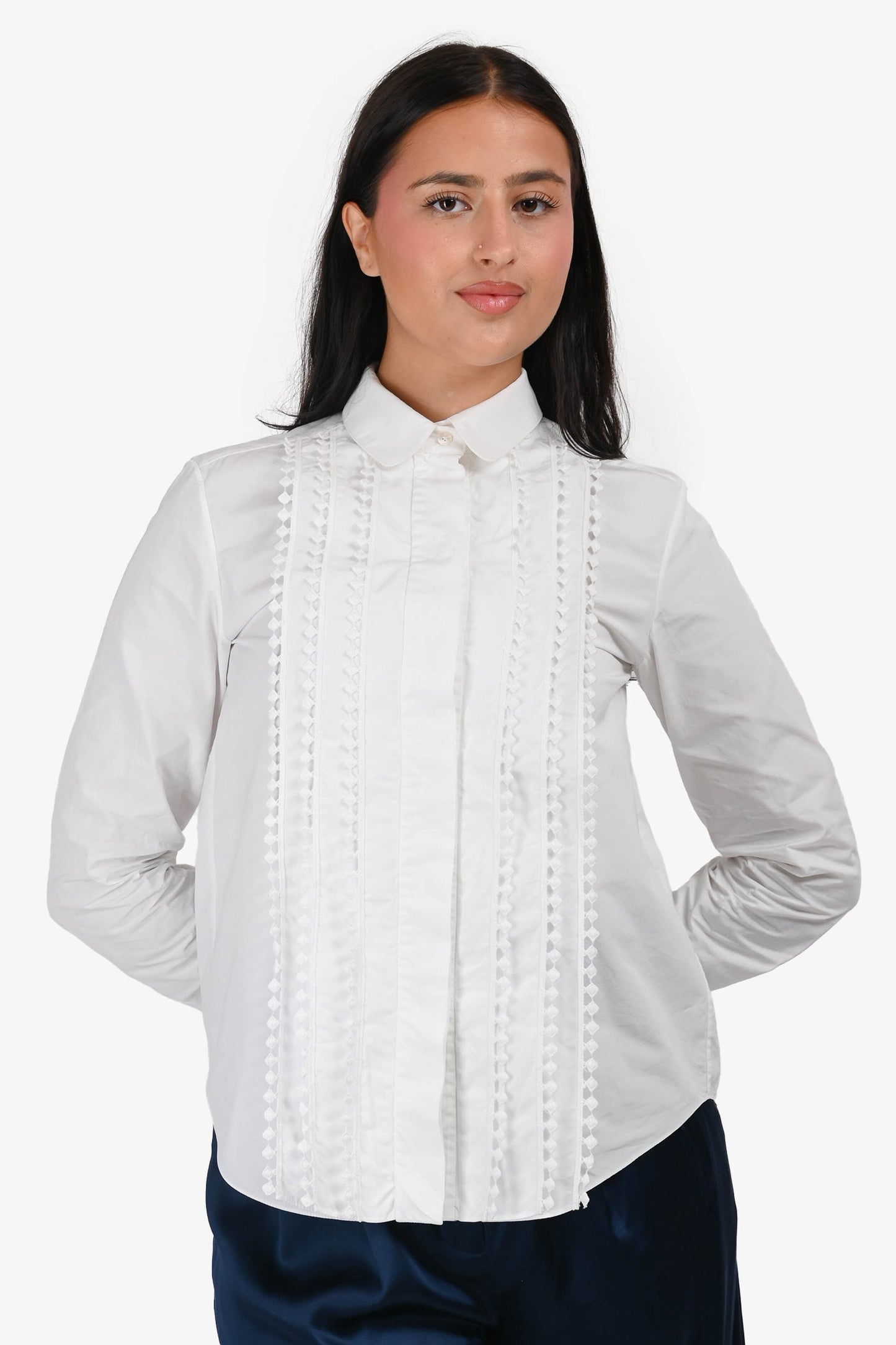 Chloe White Cotton Poplin Eyelet Detail Long Sleeve Blo  Size 38