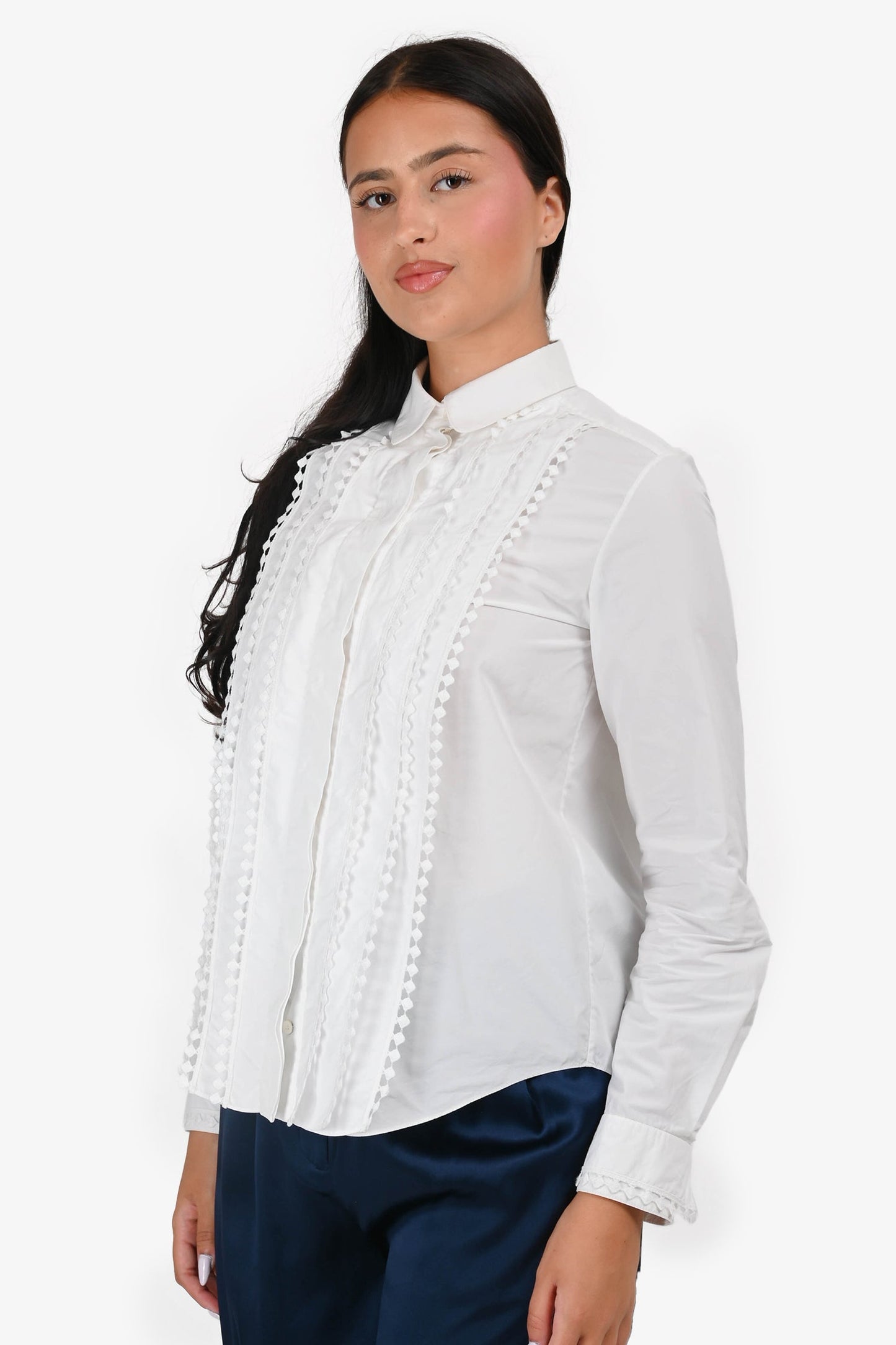 Chloe White Cotton Poplin Eyelet Detail Long Sleeve Blo  Size 38