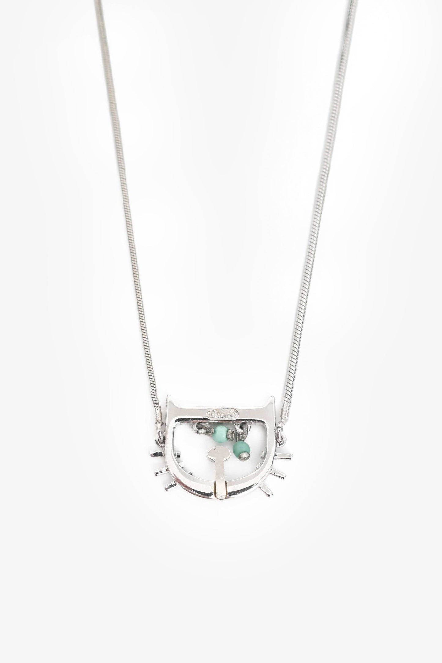 Christian Dior Silver Tone Metal D Cat Motif Necklace