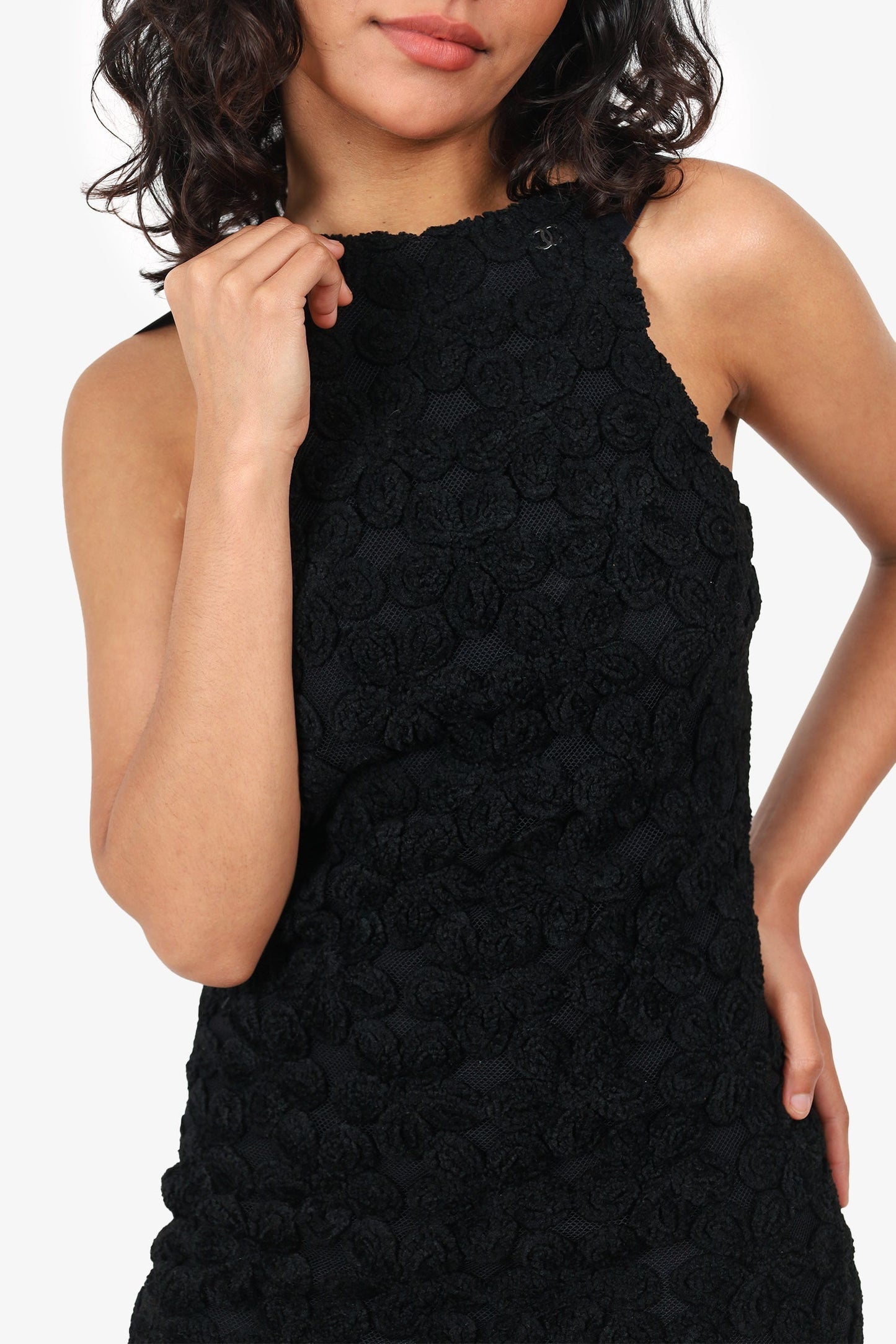 Pre-Loved Chanel™ Black Wool Flower Knit Sleeveless Dress Size 36