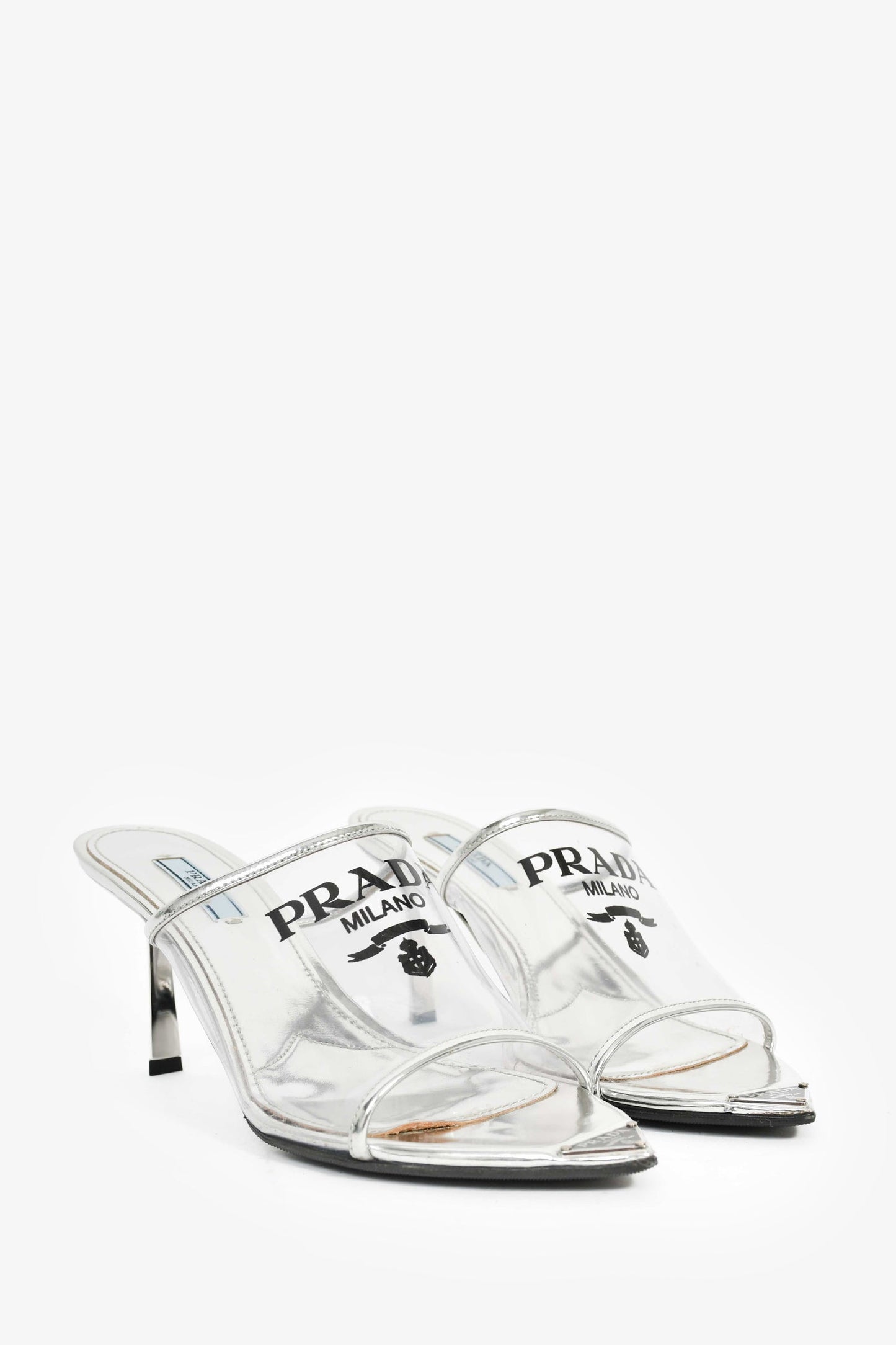 Prada Silver Vinyl Logo Mules Size 39