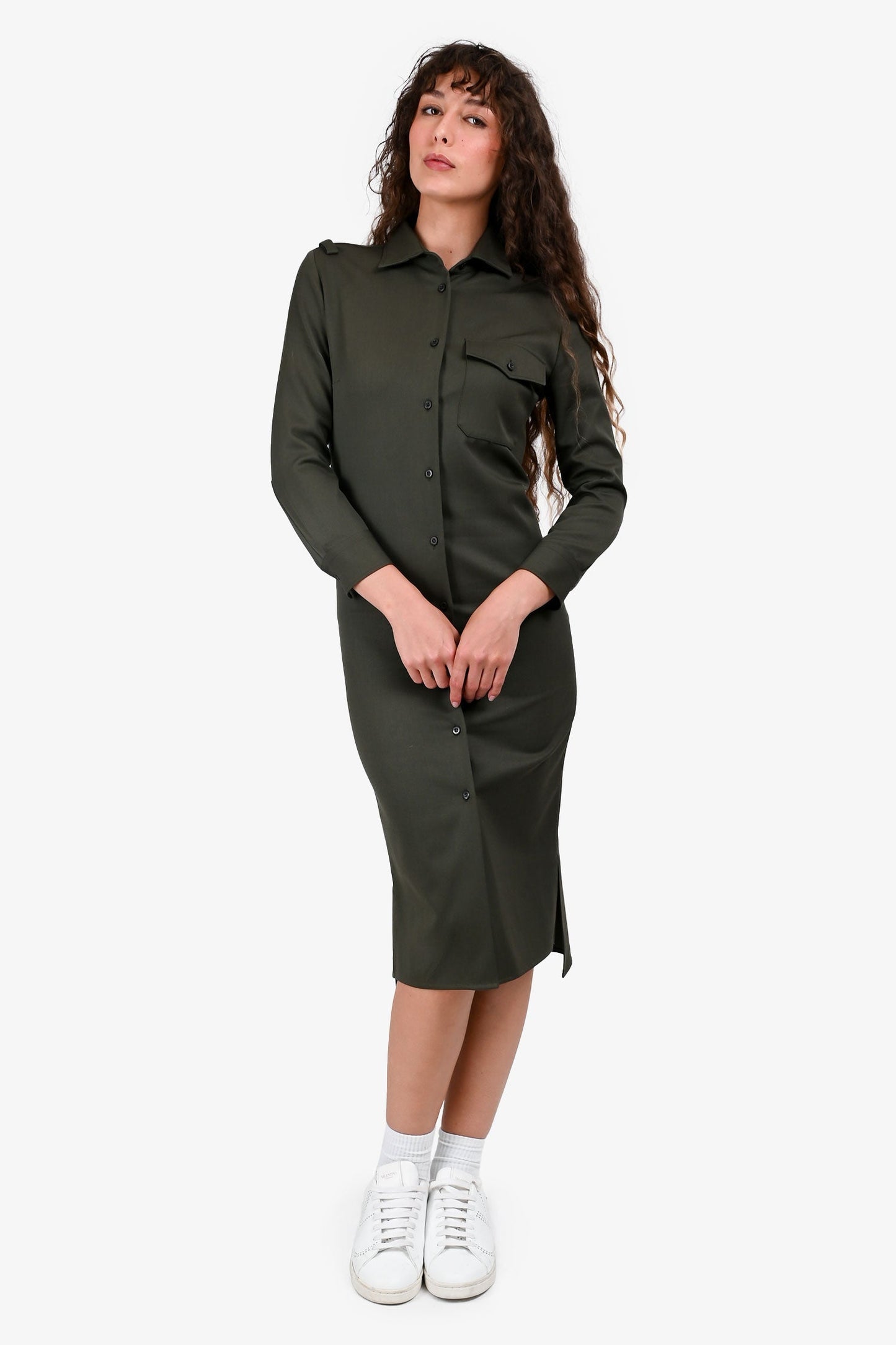 Prada 2023 Military Green Wool Long Sleeves Midi Shirt Dress Size 36