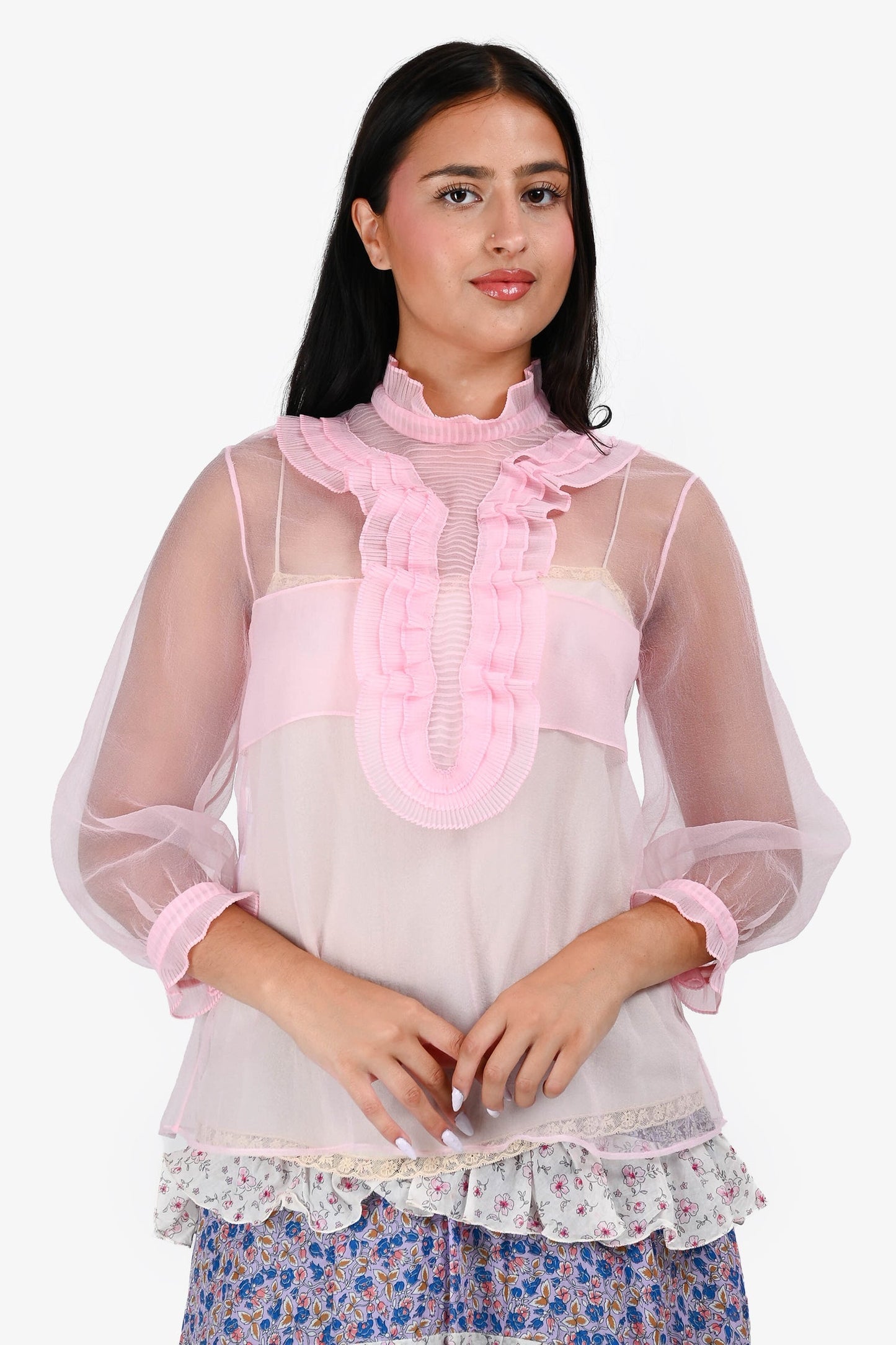Prada 2017 Pink Sheer Ruffle Detail High Neck Top with Slip Size 42