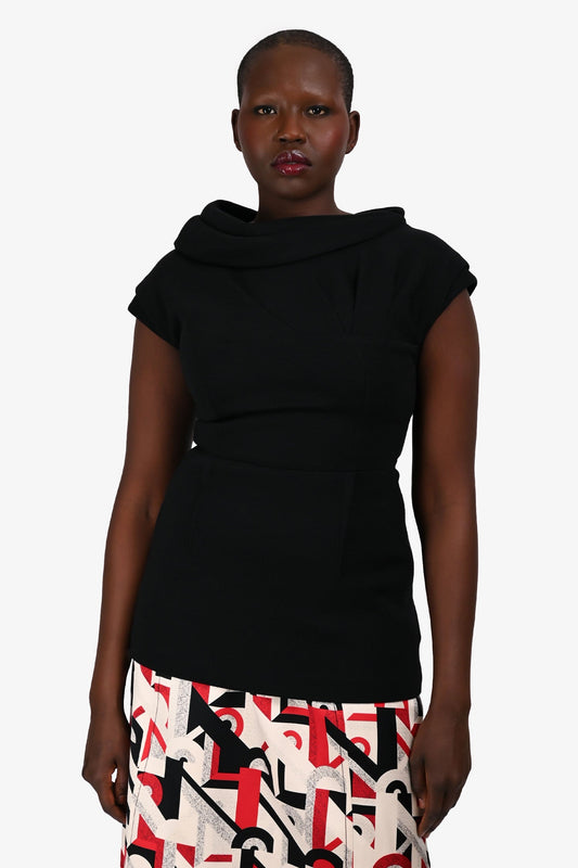 Prada Black Wool Knit Rouched Neckline Top Size 44