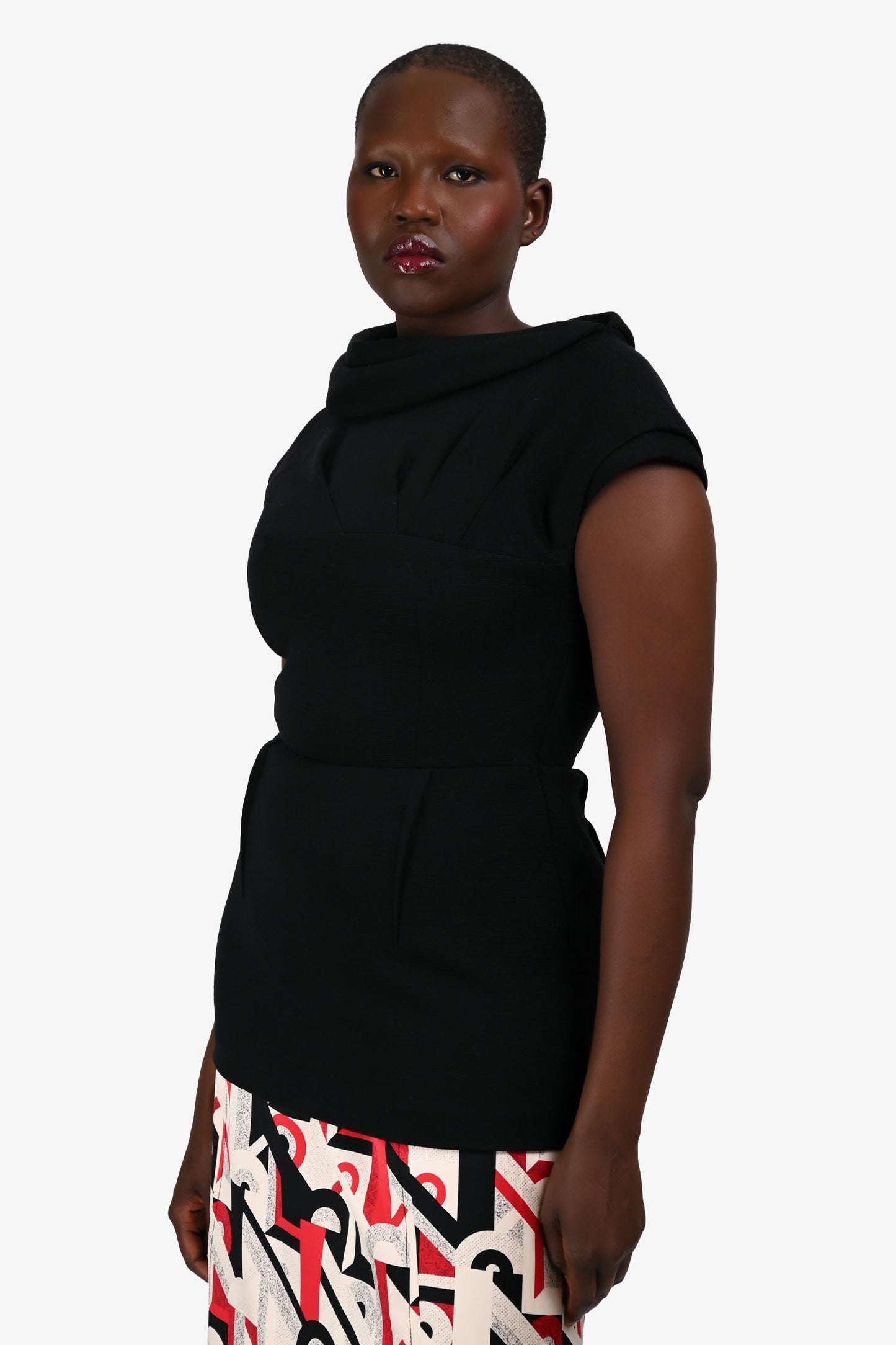 Prada Black Wool Knit Rouched Neckline Top Size 44