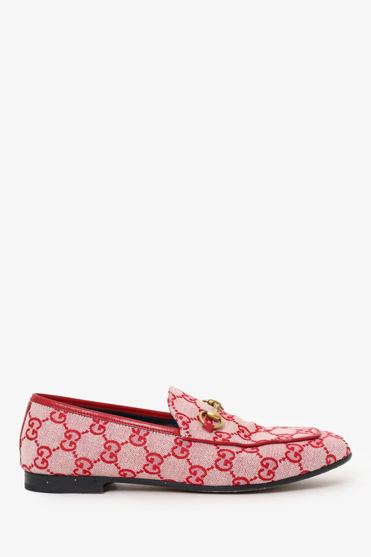 Gucci Red Canvas GG Monogram Horsebit Womens Jordaan Loafers Size 37.5
