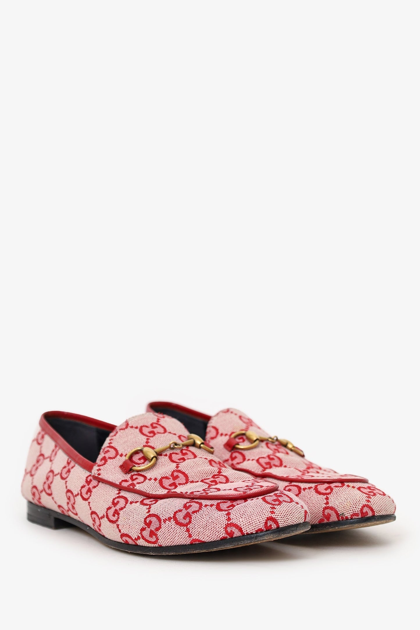 Gucci Red Canvas GG Monogram Horsebit Womens Jordaan Loafers Size 37.5