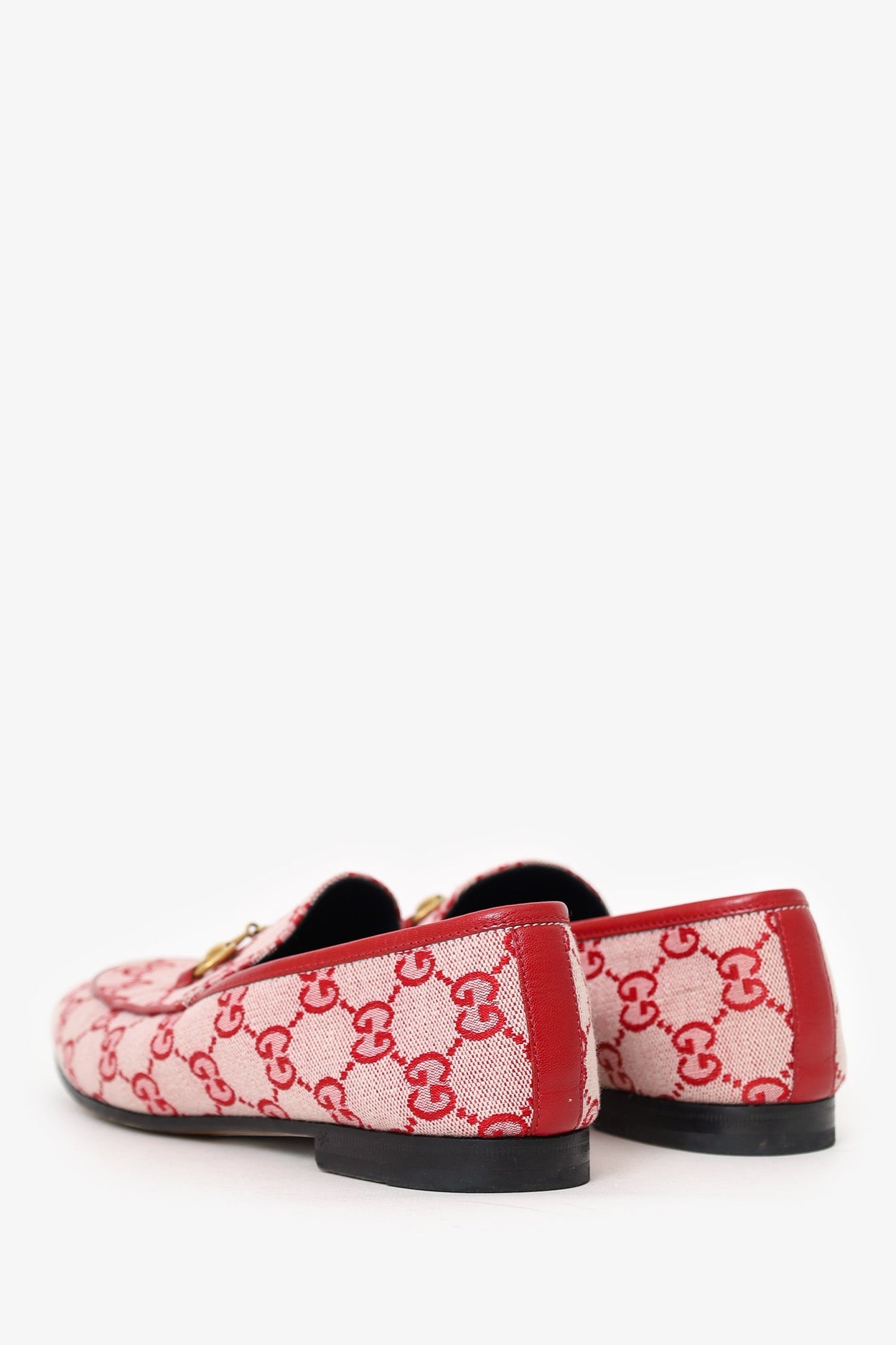 Gucci Red Canvas GG Monogram Horsebit Womens Jordaan Loafers Size 37.5