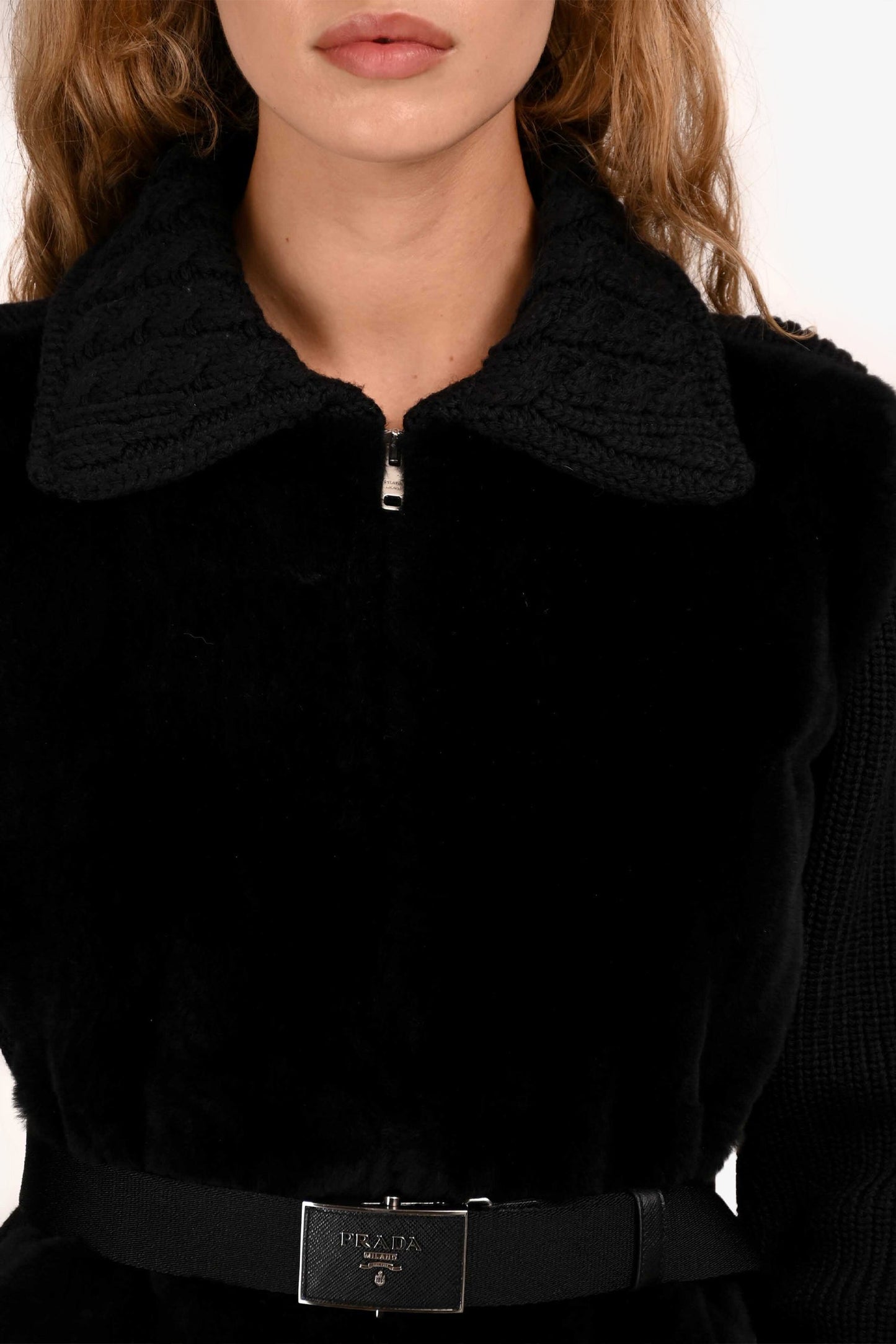 Prada Black Cable Knit Wool Fur Cinched Logo Belt Zip-Up Jacket Size 42