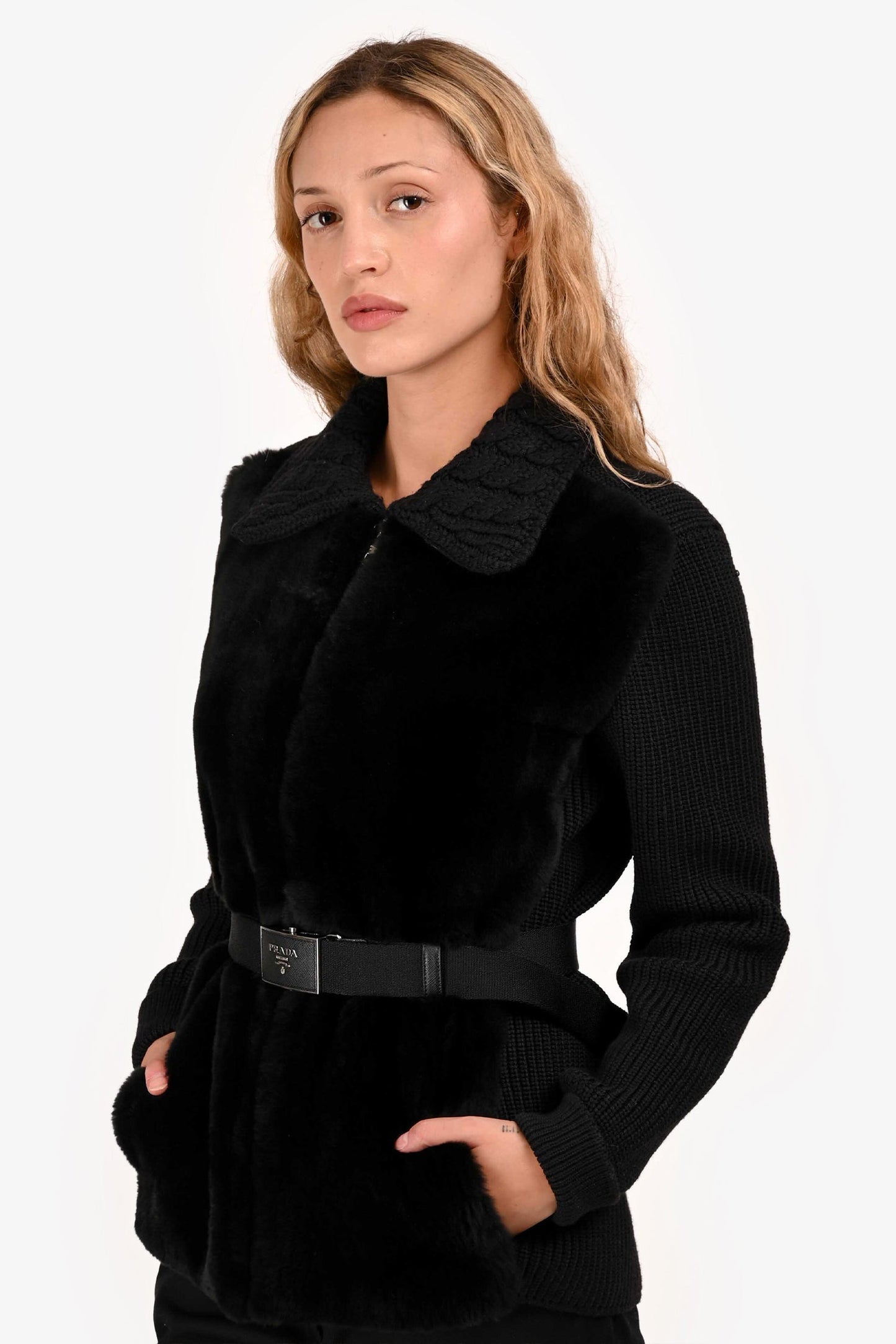 Prada Black Cable Knit Wool Fur Cinched Logo Belt Zip-Up Jacket Size 42