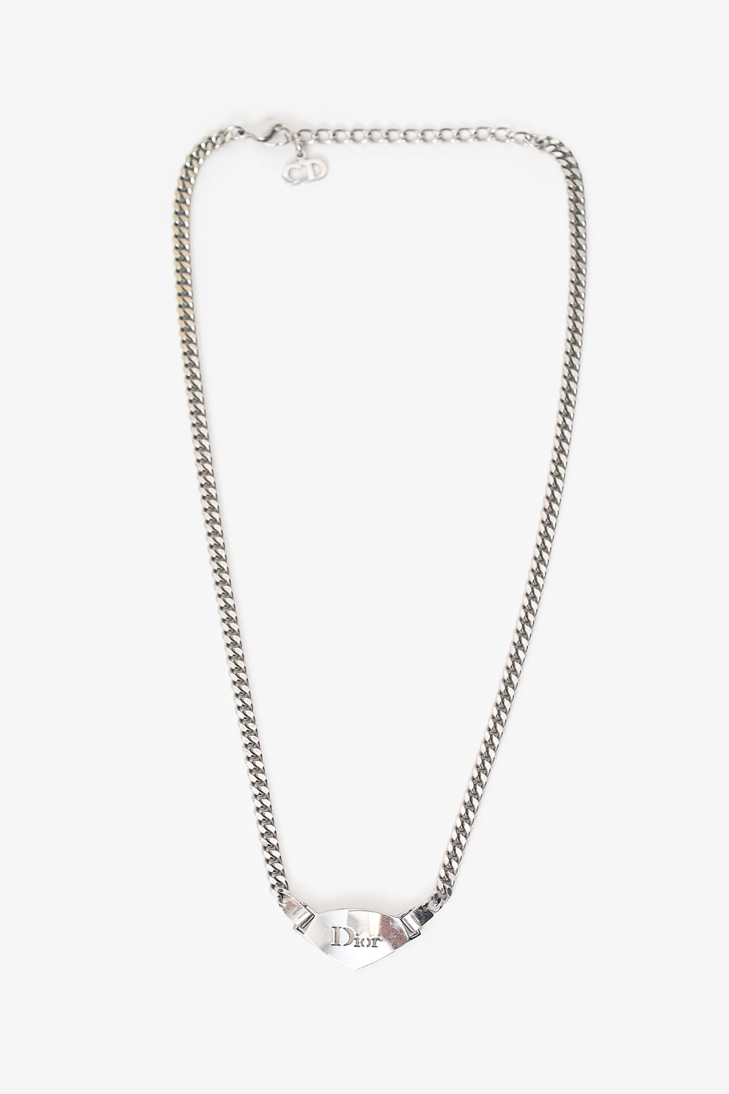 Christian Dior Silver Tone 'Dior' Tag Necklace