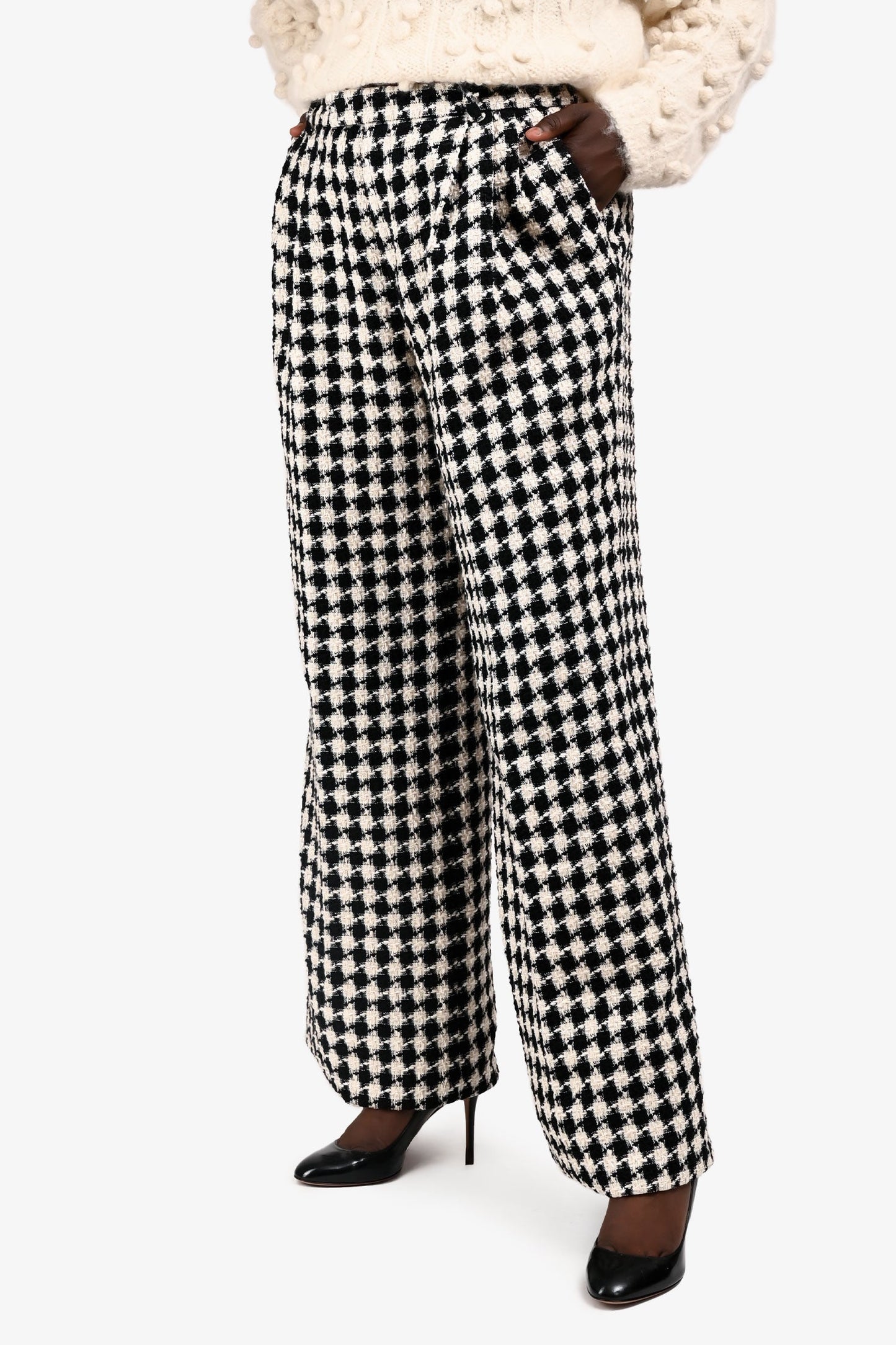 Gucci Black/White Tweed Herringbone Wide Leg Tro rs Size 46 w/ Tags
