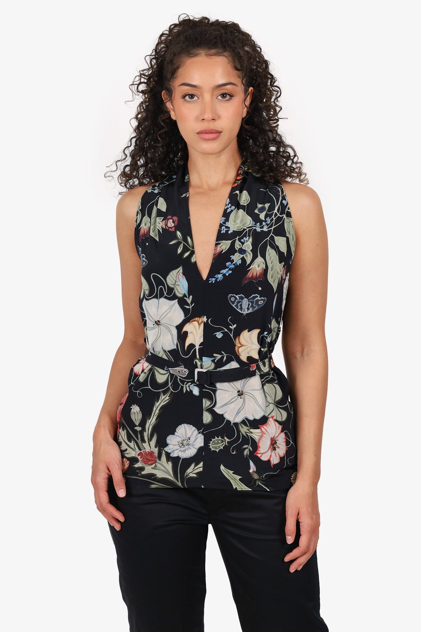 Gucci Black Silk Floral Print Belted Sleeveless Blo  Size 42