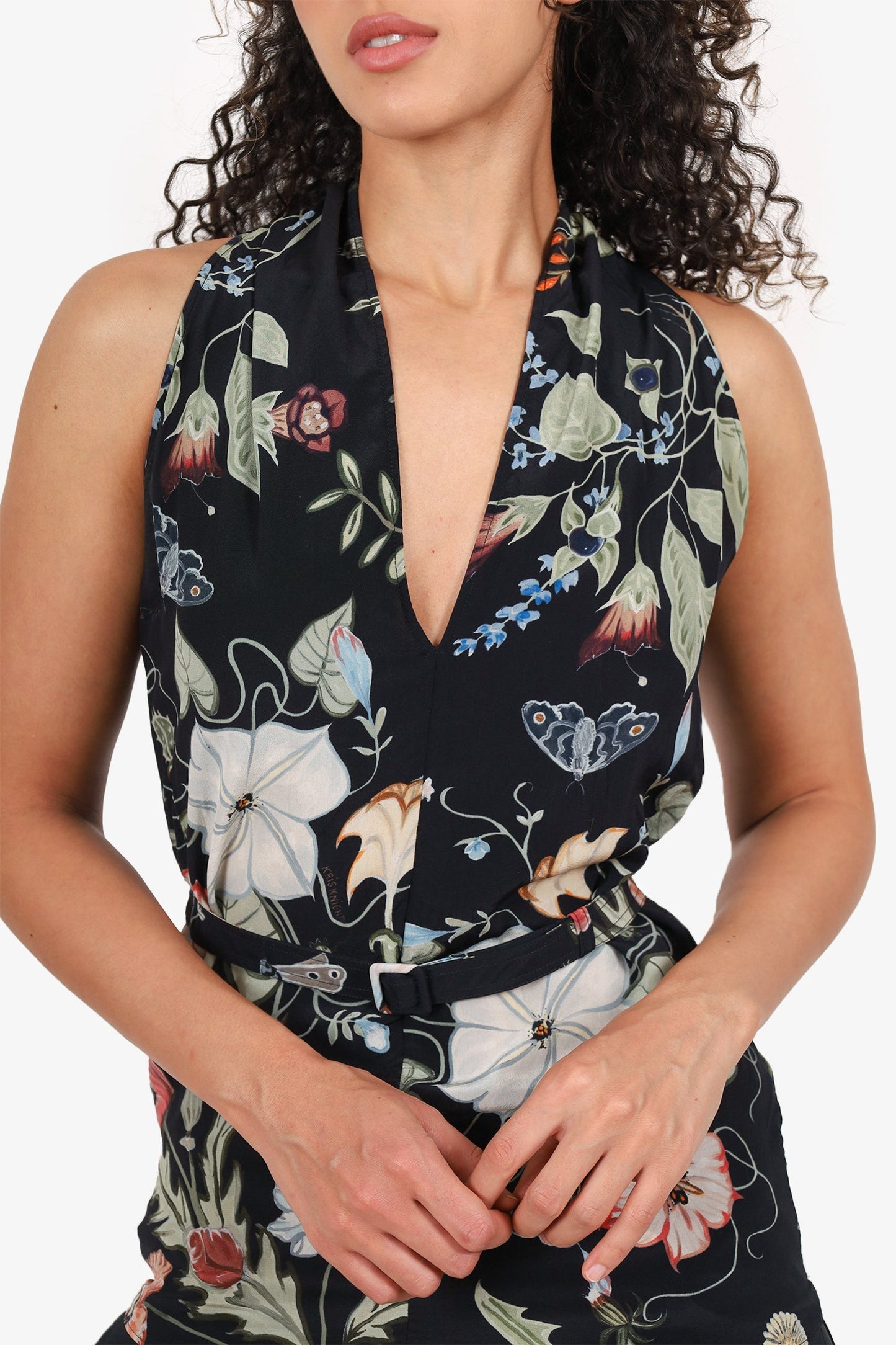 Gucci Black Silk Floral Print Belted Sleeveless Blo  Size 42