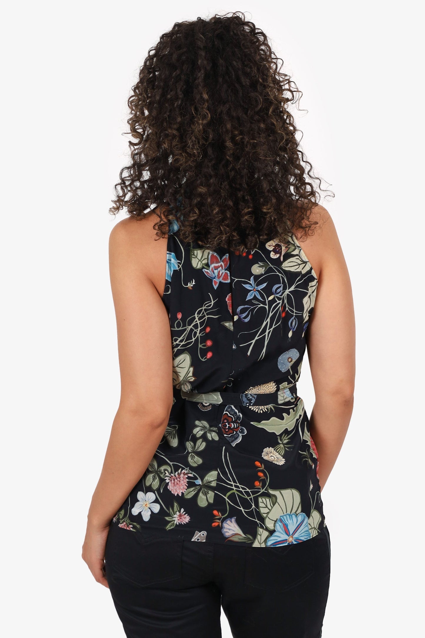 Gucci Black Silk Floral Print Belted Sleeveless Blo  Size 42