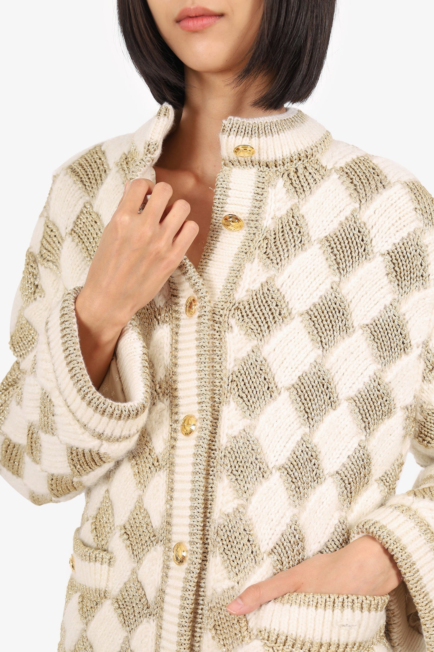 Gucci White/Gold Check Knitted Cardigan Size XS