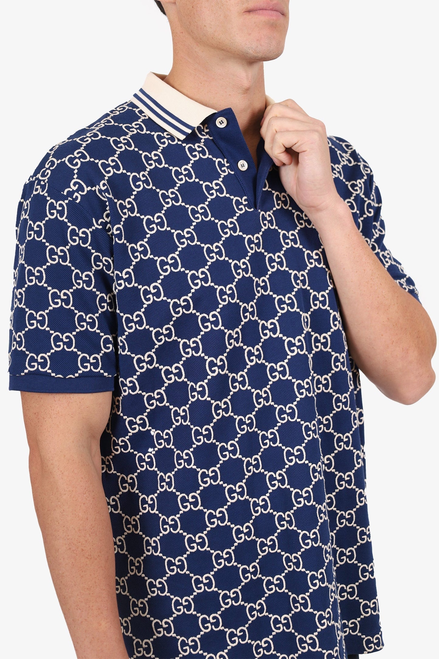 Gucci NavyWhite Cotton GG Stretch Polo Size XXL Mens