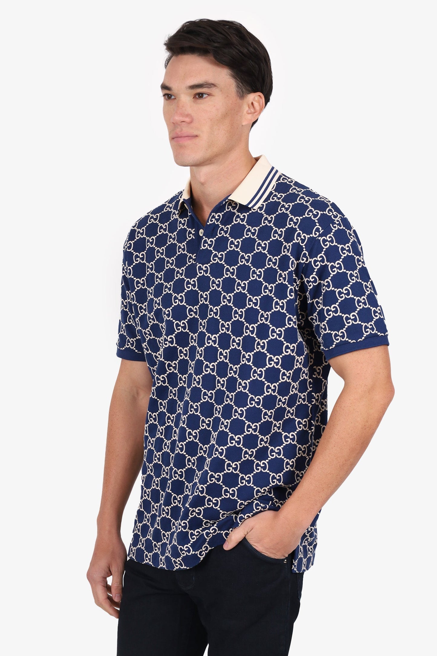 Gucci NavyWhite Cotton GG Stretch Polo Size XXL Mens