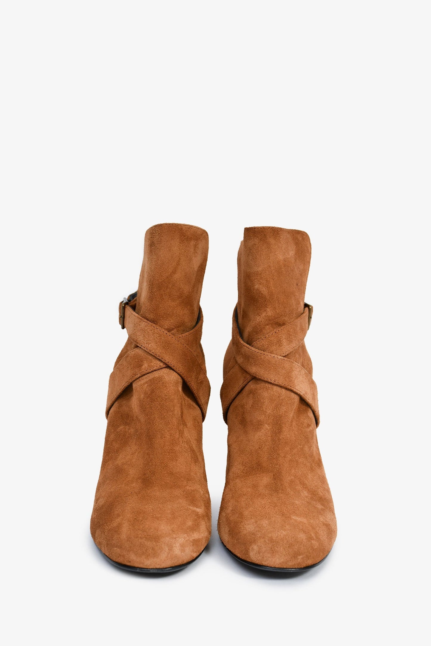 Saint Laurent Brown Suede Criss Cross Heeled Ankle Boots Size 37.5