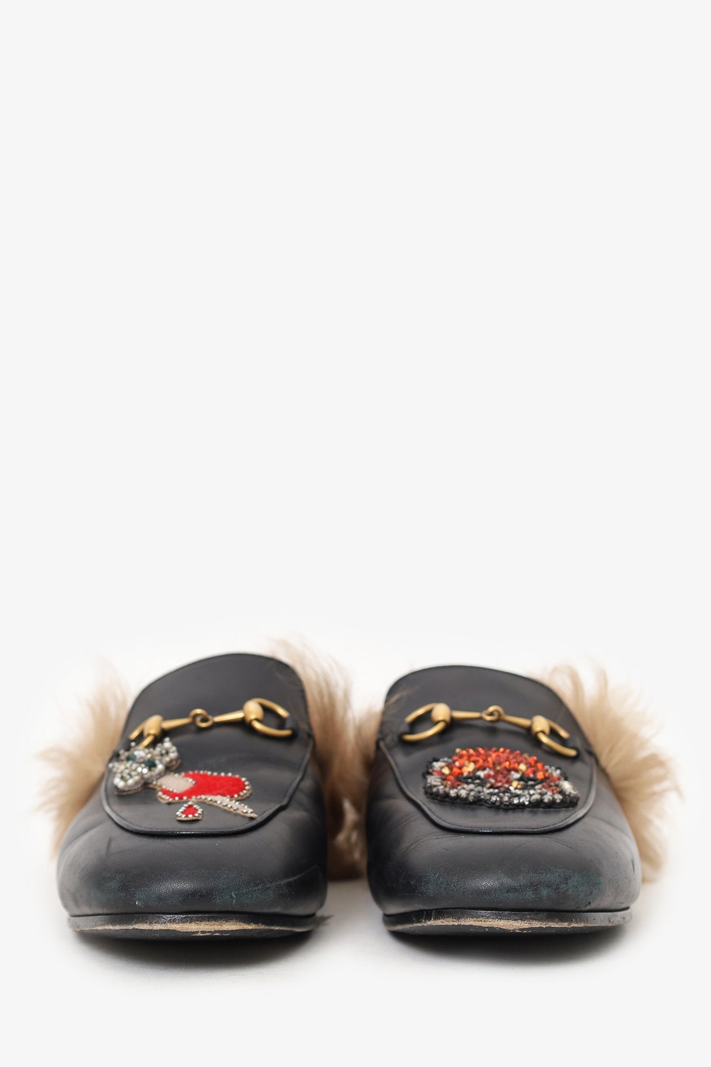Gucci Black Leather Crystal Embellished Fur Princeton Slip-On Loafers Size 37