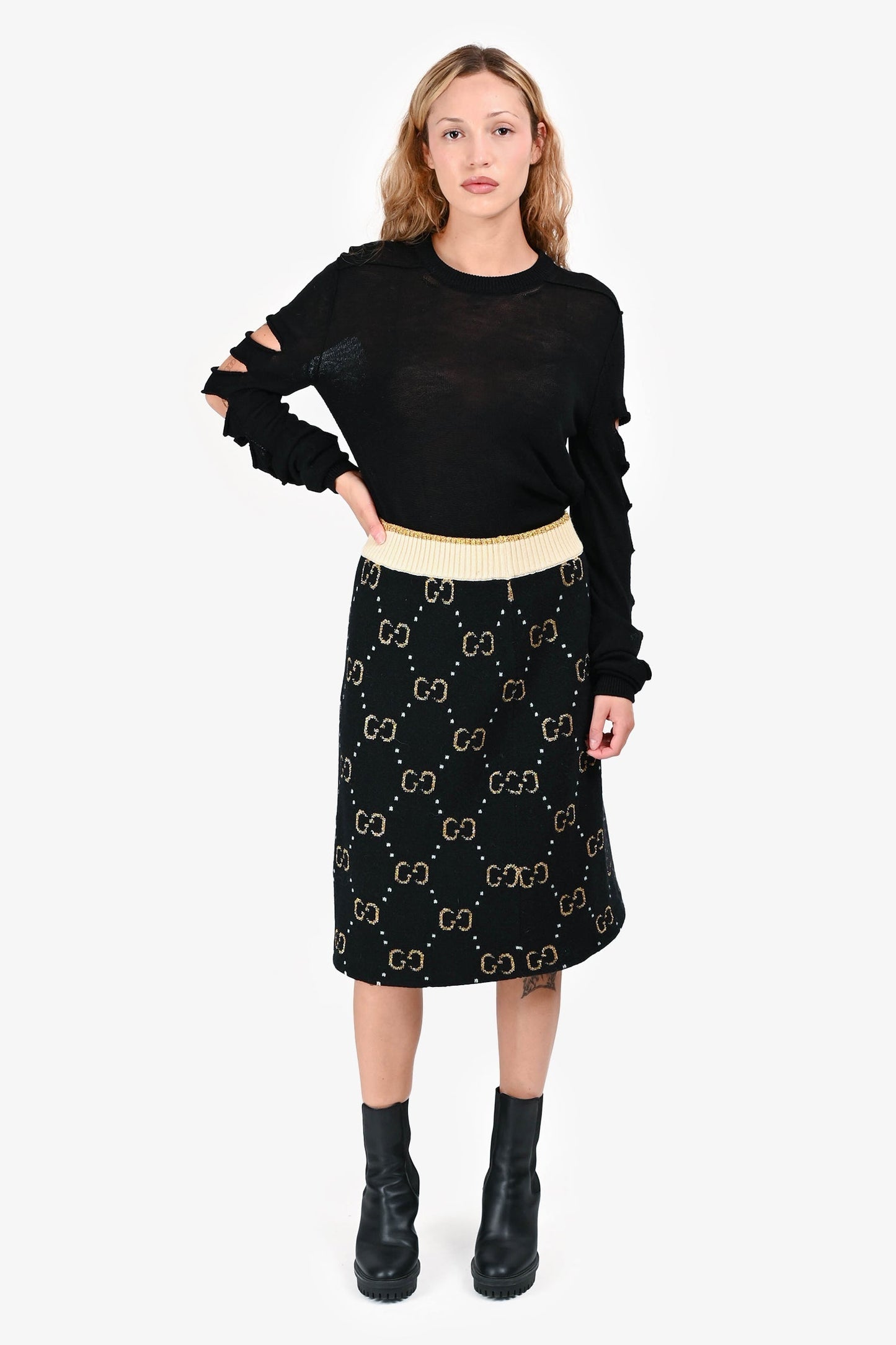 Gucci Black/Gold Wool GG Logo Midi Skirt Size M