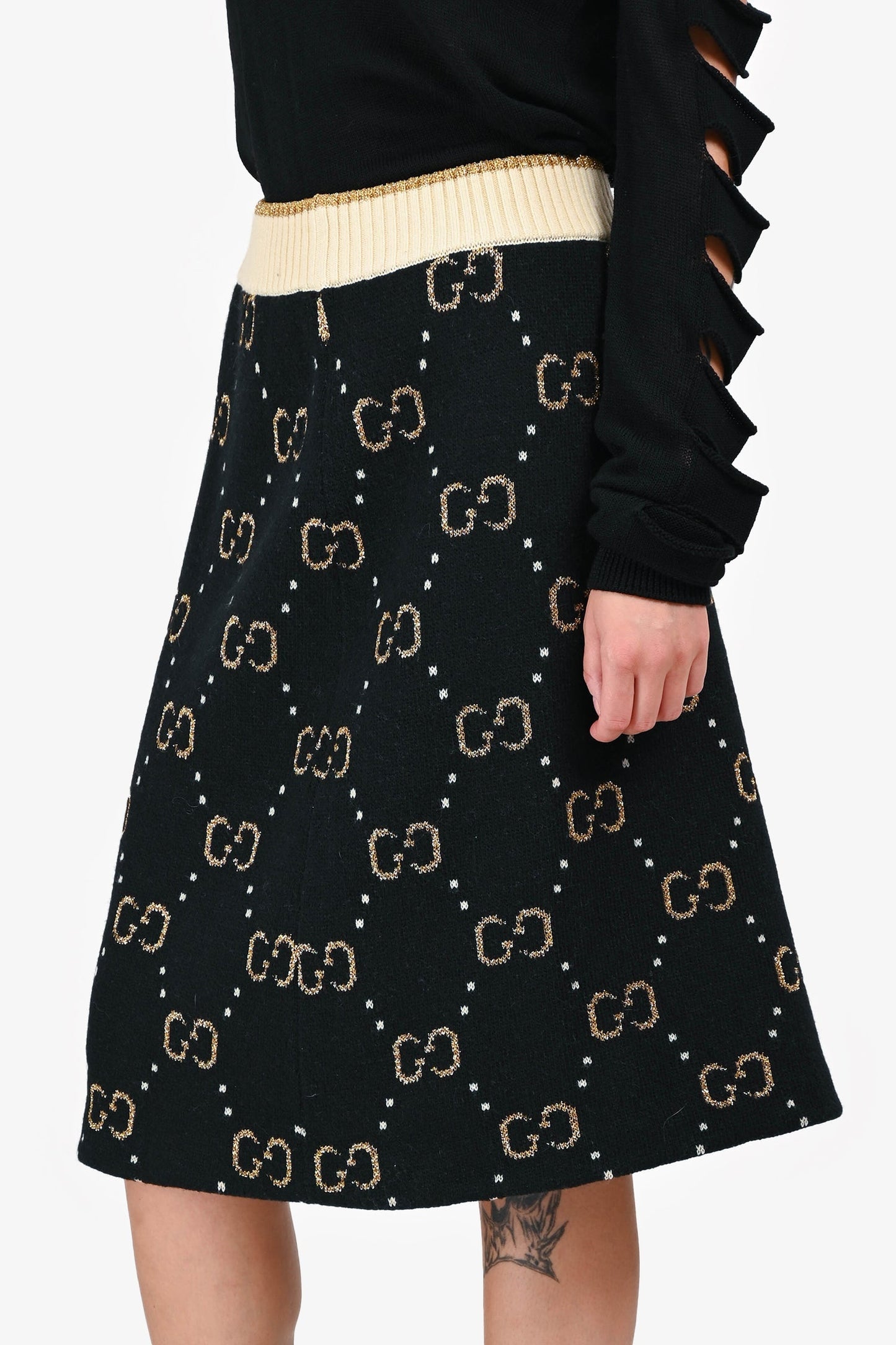 Gucci Black/Gold Wool GG Logo Midi Skirt Size M