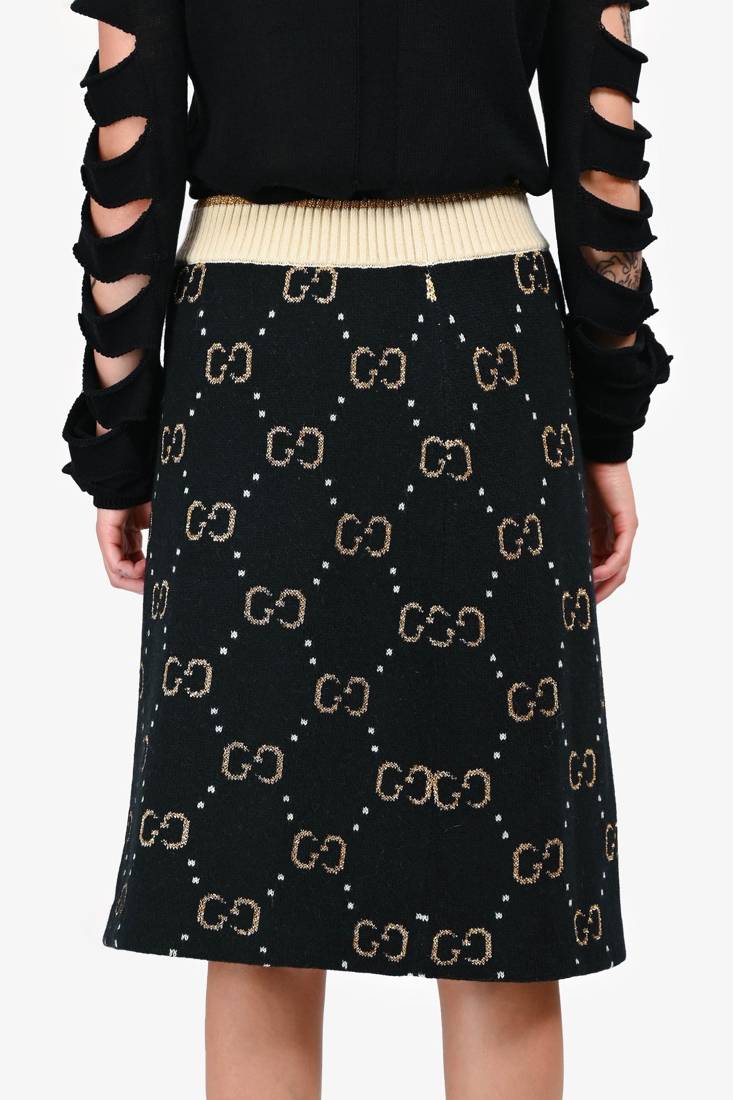Gucci Black/Gold Wool GG Logo Midi Skirt Size M