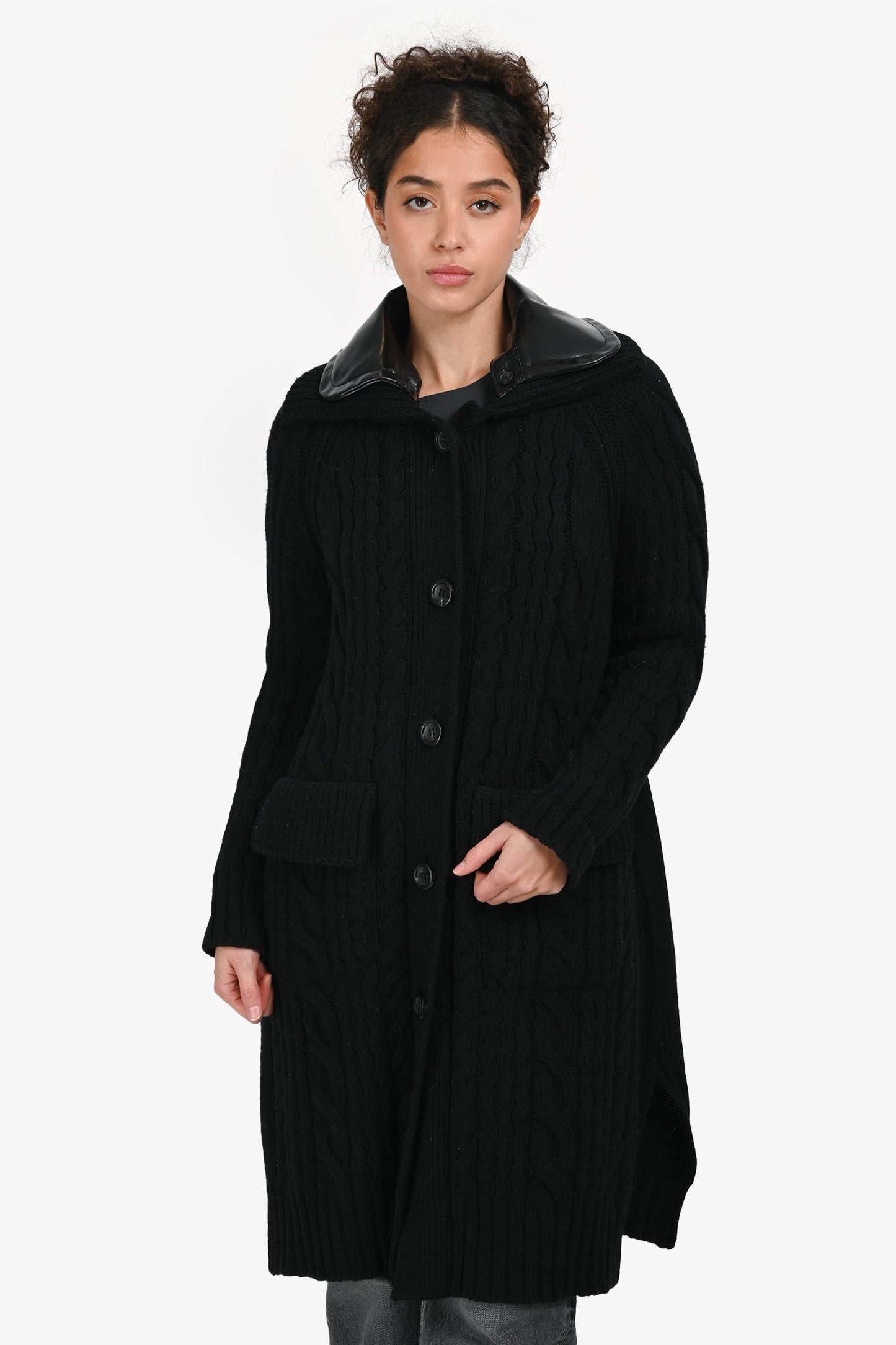 Prada Black Wool Leather Trim Cardigan Jacket Size 40