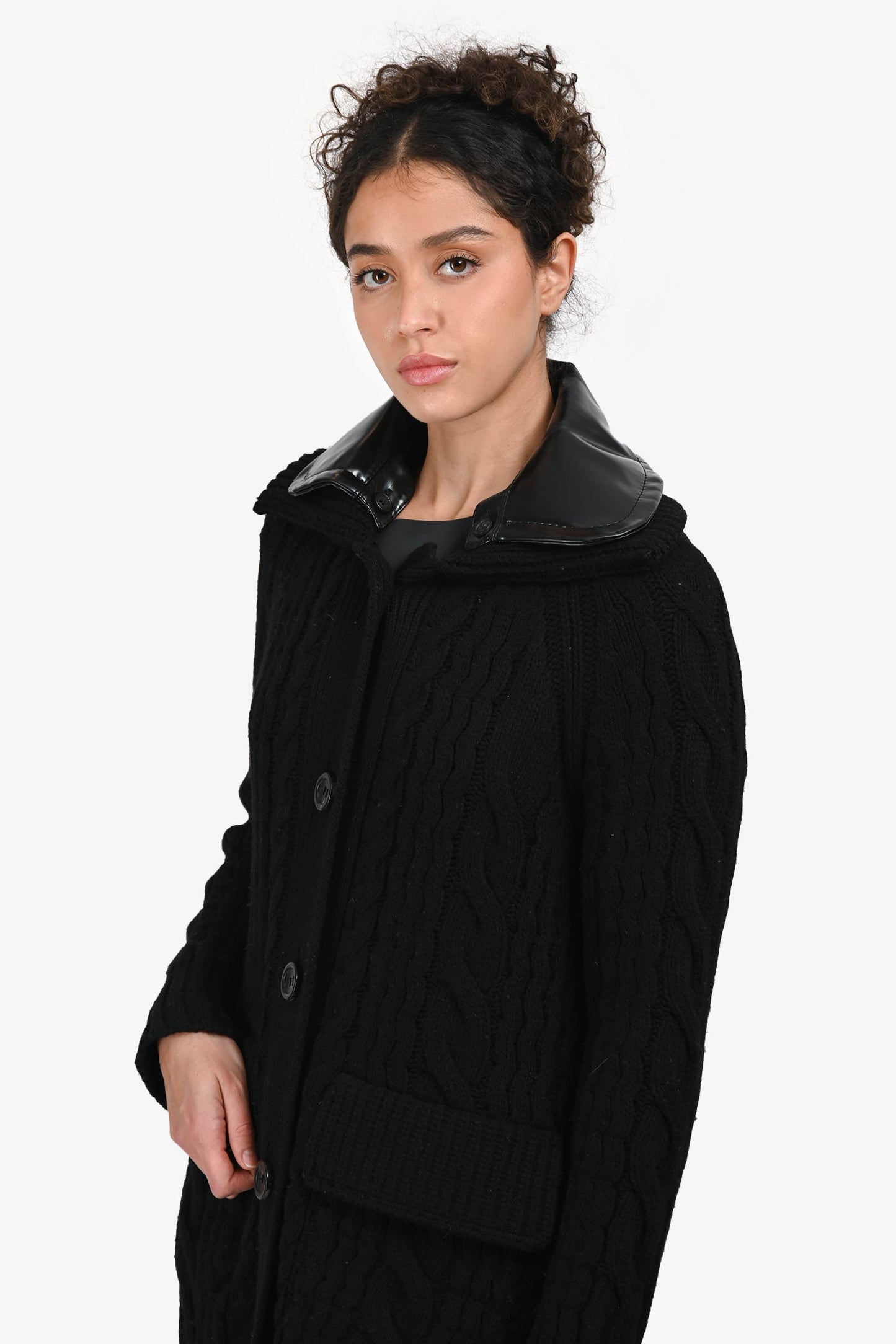 Prada Black Wool Leather Trim Cardigan Jacket Size 40