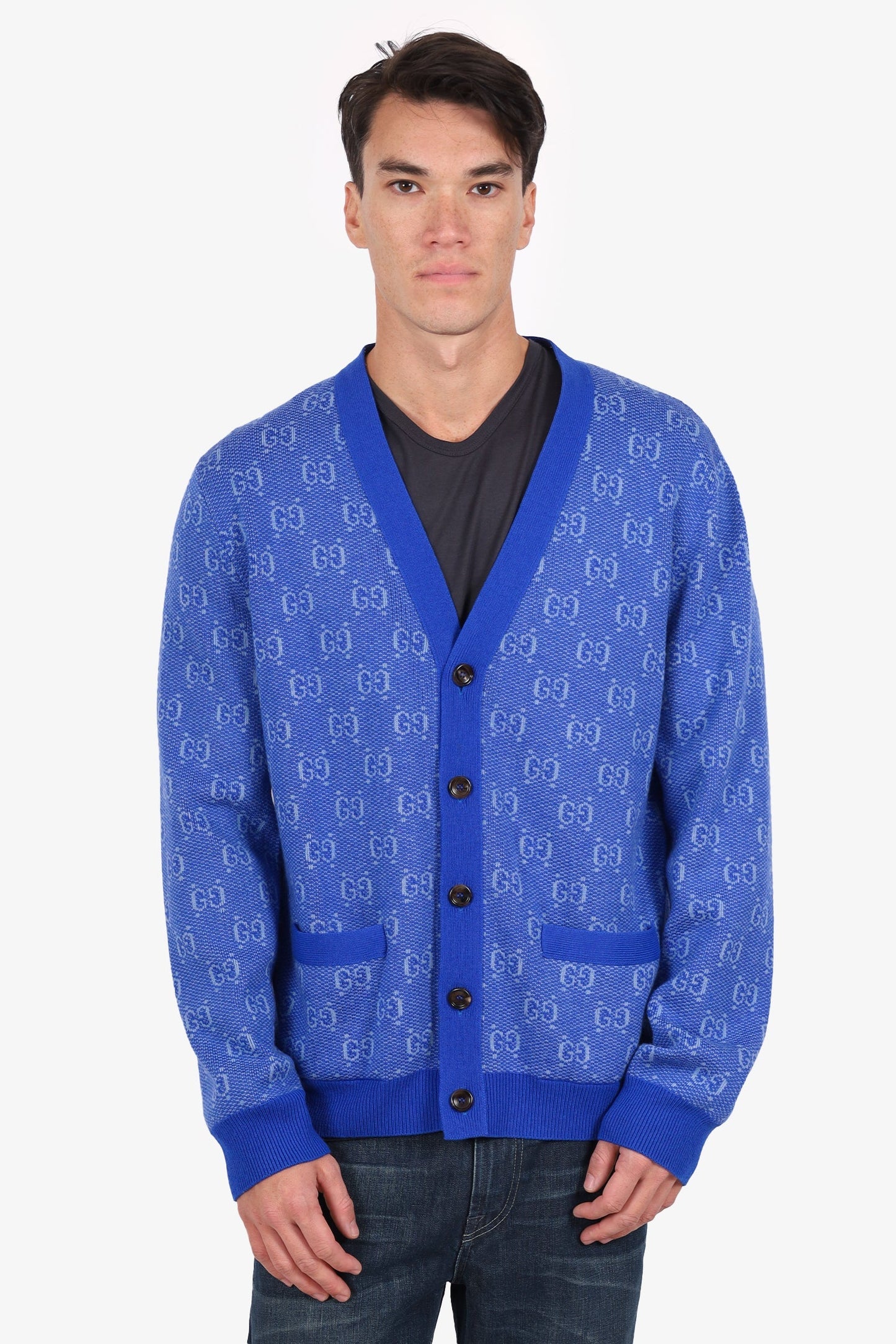 Gucci Blue Wool GG Jacquard Cardigan Size XL Mens
