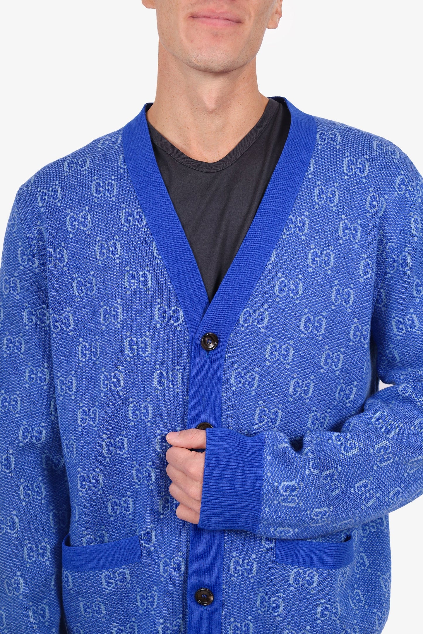 Gucci Blue Wool GG Jacquard Cardigan Size XL Mens
