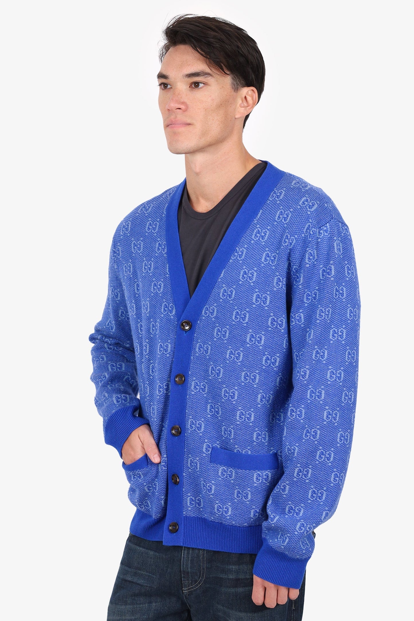 Gucci Blue Wool GG Jacquard Cardigan Size XL Mens