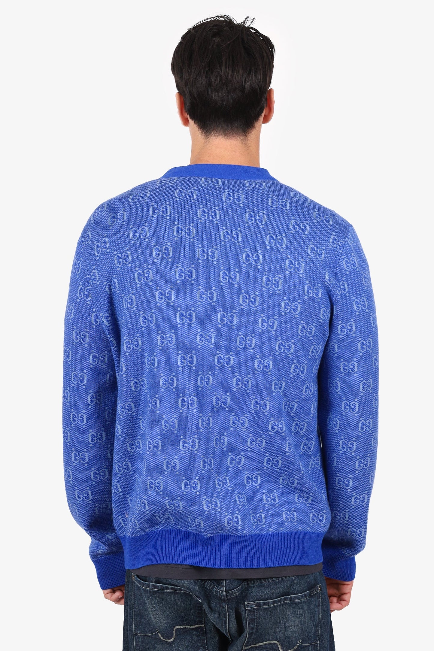 Gucci Blue Wool GG Jacquard Cardigan Size XL Mens