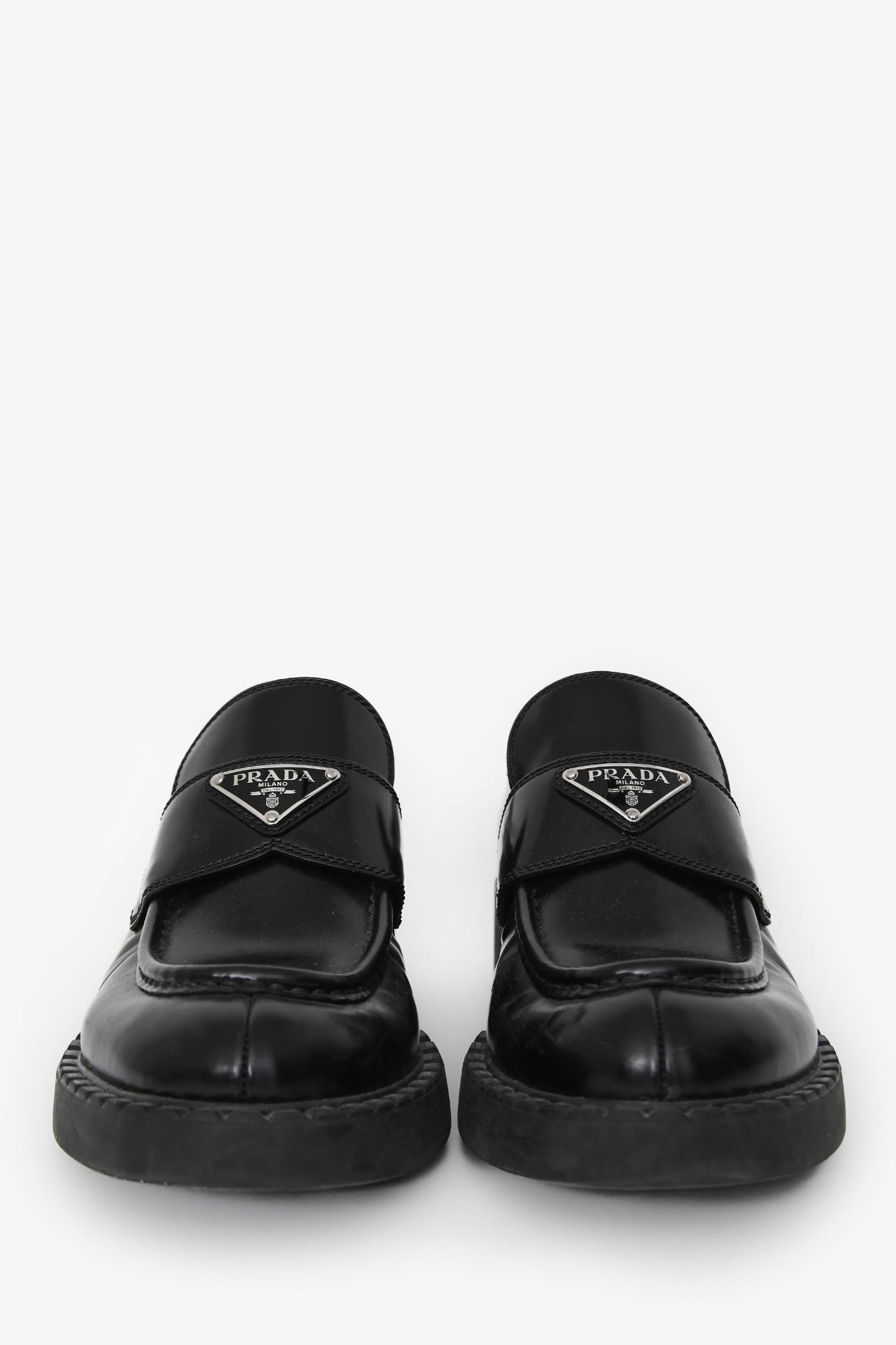 Prada Black Brushed Leather Logo Plaque Loafers Size 39.5