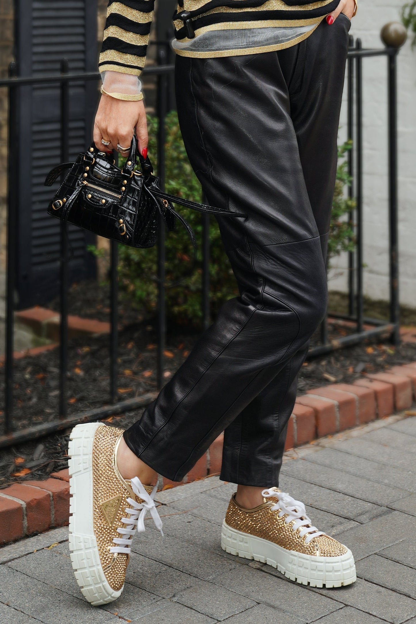 Prada Gold Metallic Satin/Leather Crystal Embellishments Sneakers Size 39