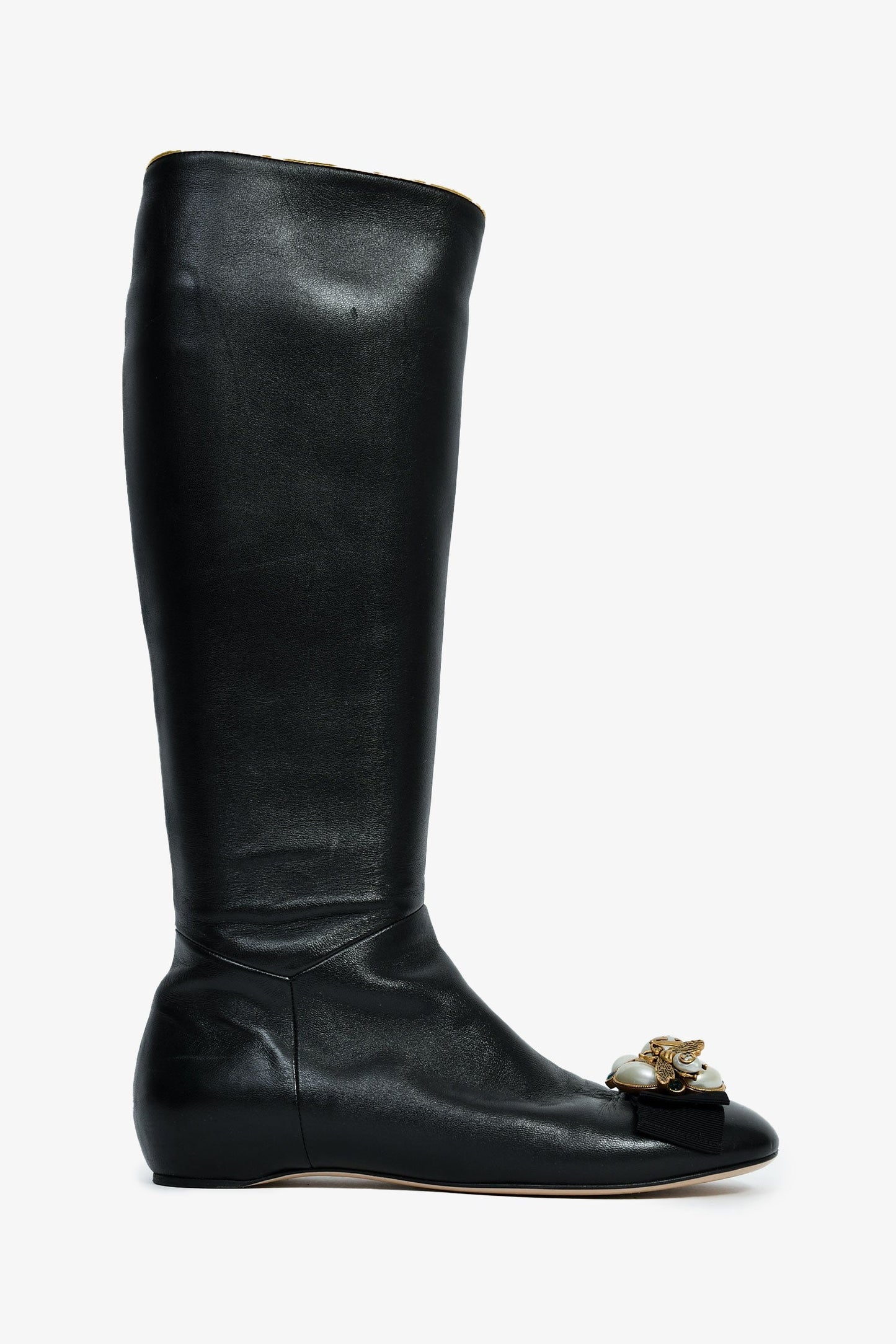 Gucci Black Leather Faux Pearl/Crystal Embellished Knee High Riding Boot Size 37.5